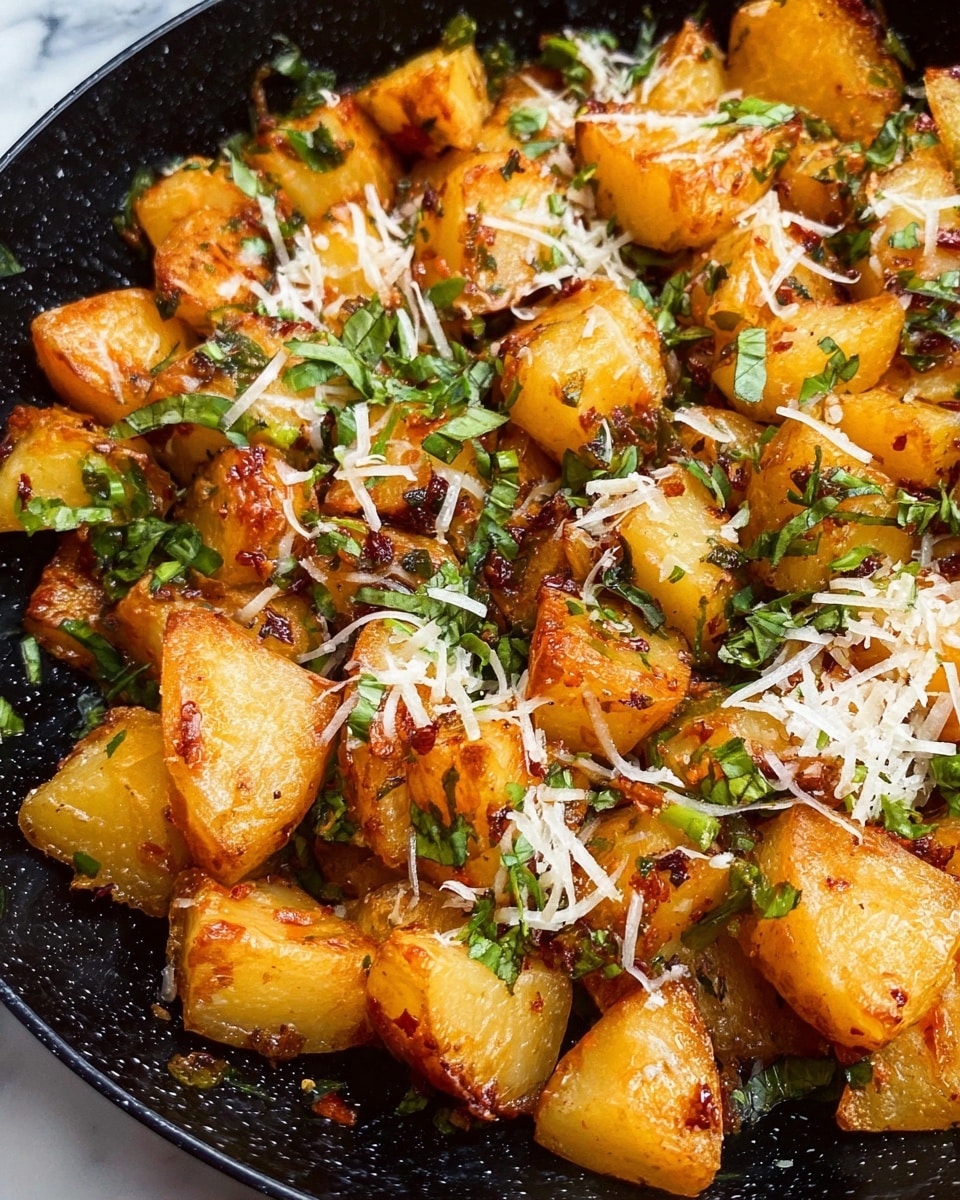 The image shows a close-up of a pan filled with golden-brown roasted potato pieces that have a slightly crispy texture. The potatoes are cut into irregular chunks with a caramelized surface and are mixed with small bits of green herbs and finely shredded white cheese scattered evenly on top. The potatoes' warm tones contrast with the fresh green herb leaves, creating a colorful and textured appearance. The background is a white marbled surface, visible at the edges of the black pan. photo taken with an iphone --ar 4:5 --v 7
