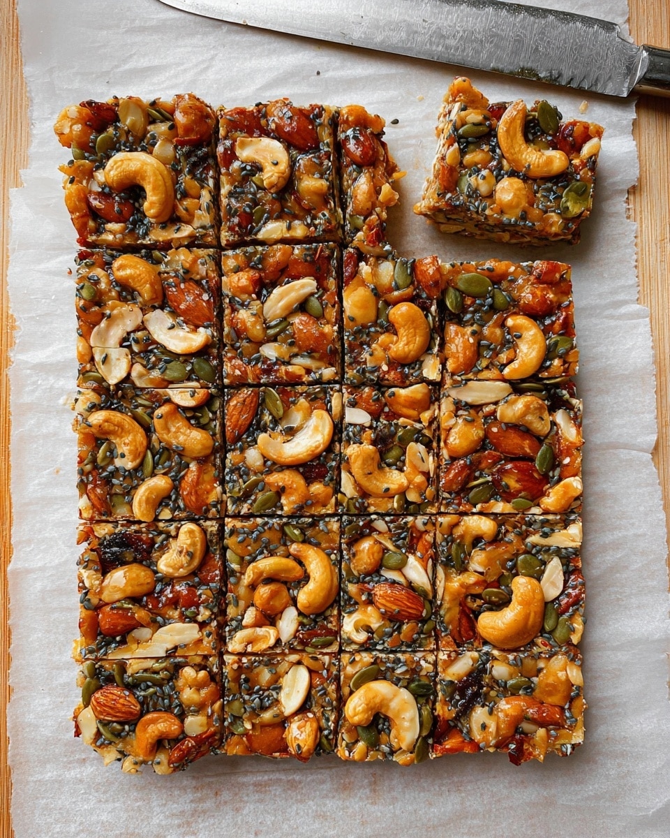 A square nut and seed bar is shown on white parchment paper over a light wooden surface. The bar has one piece separated, showing a thick, dense texture. It contains whole cashews, almonds, pumpkin seeds, and thin pale nut slices mixed with small black seeds, all held together by a shiny syrup layer. The nuts are a mix of golden brown and deep orange colors, and the seeds offer a dark green and black contrast. A large knife with a silver blade is placed on the top right corner of the image. The grid pattern on the bar marks about four columns and five rows of rectangular pieces. photo taken with an iphone --ar 4:5 --v 7