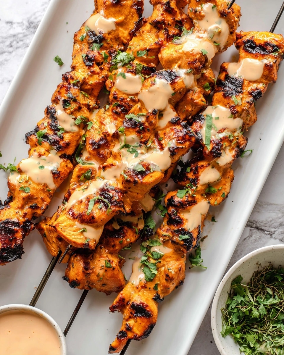 Five skewers of grilled chicken pieces with a bright orange color are placed on a white rectangular tray. Each skewer has several chunks of chicken with charred grill marks and bits of dark brown or blackened edges. The chicken is topped with a creamy light orange sauce drizzled unevenly over the pieces. Small green herb leaves, likely cilantro, are scattered on top of the chicken and tray, adding a fresh touch. In the lower right corner, a small white bowl with some green herbs inside is partly visible on a white marbled surface. Photo taken with an iphone --ar 4:5 --v 7