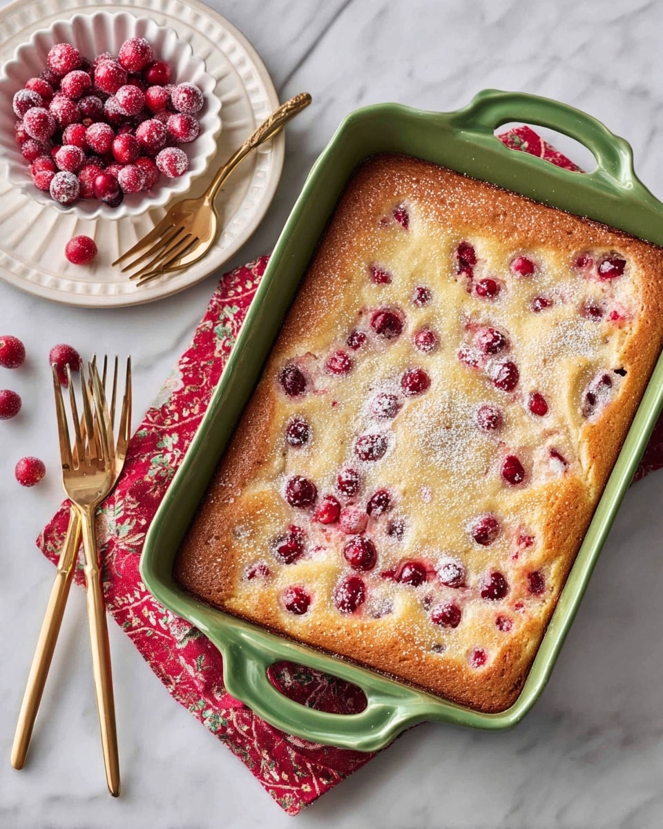A rectangular baked dessert with a golden-brown top speckled with red cranberries is inside a green baking dish with handles on both sides. The surface of the dessert looks slightly textured and has a light dusting of sugar. The baking dish sits on a white marbled surface next to a white plate with three gold forks resting on it. Near the top of the image, a small white bowl with a scalloped edge holds bright red cranberries, with a few scattered on the marbled surface. A red patterned cloth is partially visible under the baking dish. Photo taken with an iphone --ar 4:5 --v 7