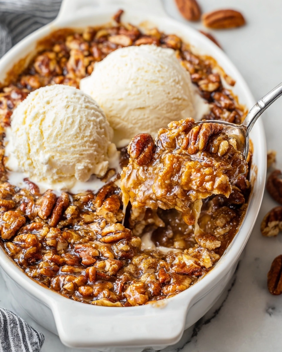 A close-up of a white oval ceramic dish filled with a pecan dessert with two large scoops of creamy, off-white ice cream on top. The dessert has a glossy, sticky, caramel-brown base with a crunchy layer of whole and chopped pecans in warm shades of brown and amber covering the surface. A spoon is scooping a portion from the dish, showing the thick, gooey middle layer beneath the nuts, with some melted ice cream blending into the dessert. The dish is on a white marbled surface with some scattered pecans around it. photo taken with an iphone --ar 4:5 --v 7