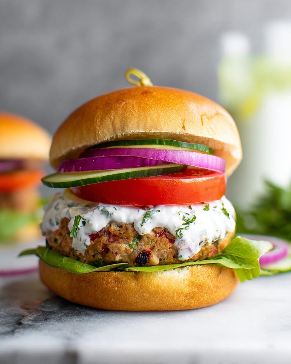 A sandwich with a soft golden brown bun on top and bottom, inside there is a green leafy lettuce at the bottom, followed by a thick patty with bits of red and brown visible, then a thick layer of white creamy sauce with green herb pieces sprinkled on it, above that is a round red tomato slice, thin slices of purple onion, and a thin curled cucumber strip on top, all placed on a white marbled surface with a blurred white and green background, photo taken with an iphone --ar 4:5 --v 7