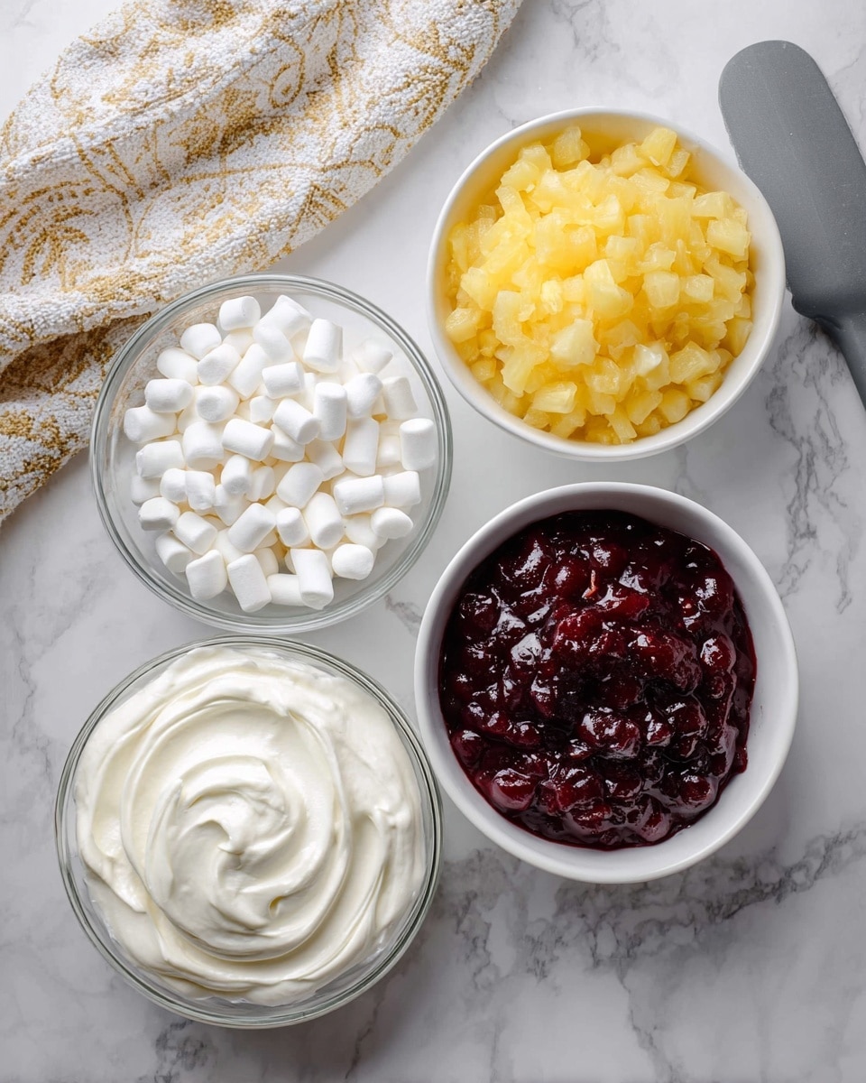 The image shows four bowls on a white marbled surface, each containing a different ingredient. The top right white bowl is filled with dark red, chunky cranberry sauce, thick and glossy. To the left, a white bowl holds bright yellow crushed pineapple with a juicy texture. Below, a clear glass bowl is filled with small, soft white mini marshmallows. The bottom left white bowl contains smooth, creamy white whipped topping with soft swirls on top. A beige and white patterned cloth is partially visible on the left side of the image, and a gray spatula rests near the top right corner. Photo taken with an iphone --ar 4:5 --v 7