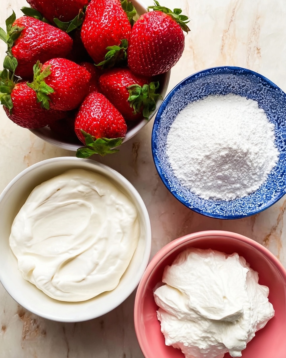 The image shows four small bowls placed on a white marbled surface. One white bowl contains thick white cream with a smooth texture, another white bowl holds fresh ripe red strawberries with green tops, a blue patterned bowl is filled with a dollop of whipped cream with a soft texture, and a pink bowl is full of fine white powdered sugar with a powdery texture. The bowls are arranged close to each other, showing a mix of bright red, white, and blue colors. photo taken with an iphone --ar 4:5 --v 7