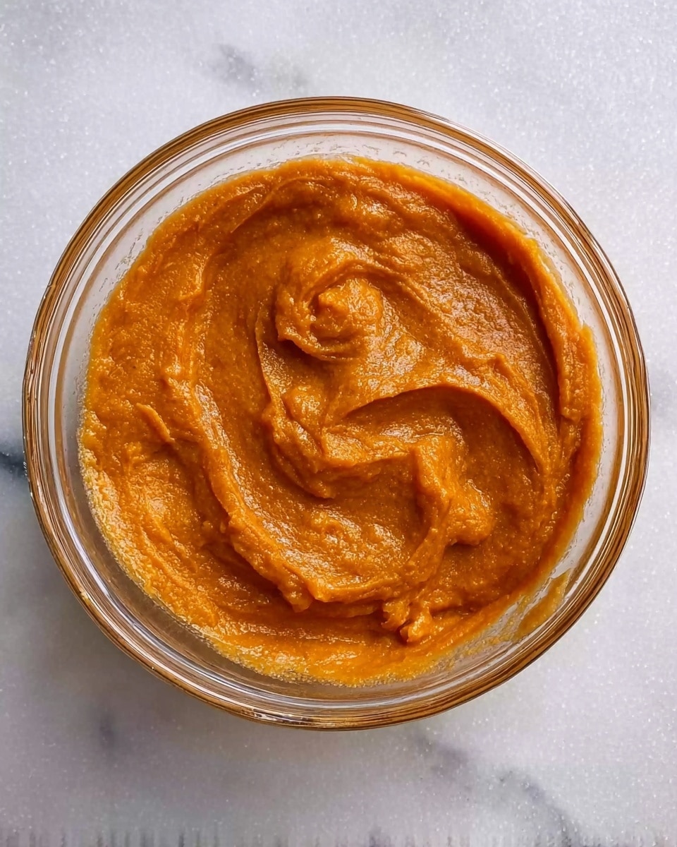 A clear glass bowl filled with a thick, smooth, orange paste that has a slightly glossy texture and swirled patterns on top. The bowl is placed on a white marbled surface. There are no other objects or layers in the image. Photo taken with an iphone --ar 4:5 --v 7