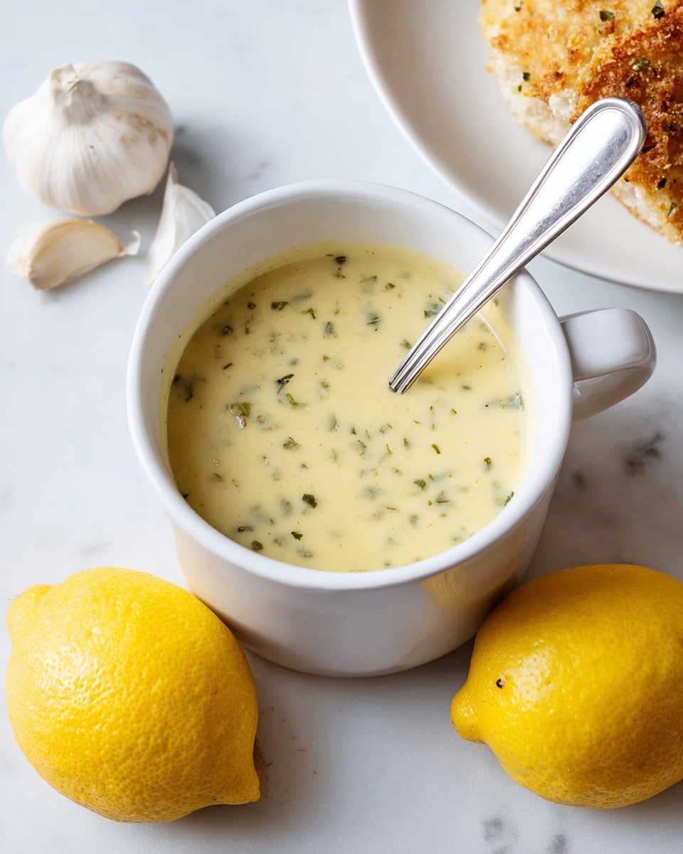 A white cup filled with a creamy, pale yellow sauce that has small green herb specks throughout. A silver spoon stands inside the sauce, leaning slightly to the right. In the background, there is a white plate with a piece of golden-brown breaded food partially visible on the upper right side. Two bright yellow lemons rest on the white marbled surface near the cup, with one lemon closer to the front and one slightly behind it. A bulb of garlic is placed on the upper left of the cup, all arranged on a white marbled texture. photo taken with an iphone --ar 4:5 --v 7