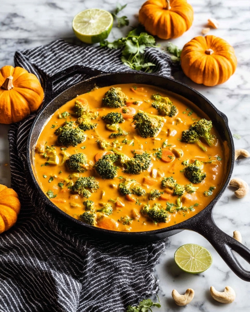 A black cast iron pan with a thick orange curry filling most of it, dotted with bright green broccoli florets and small round slices of carrot in a creamy, smooth sauce, sits on a white marbled surface. The handle of the pan rests on a black and white striped cloth on the bottom left. Around the pan, there are small orange pumpkins, green herbs, cashew nuts, and lime halves scattered loosely, creating a fresh and natural look. Photo taken with an iphone --ar 4:5 --v 7