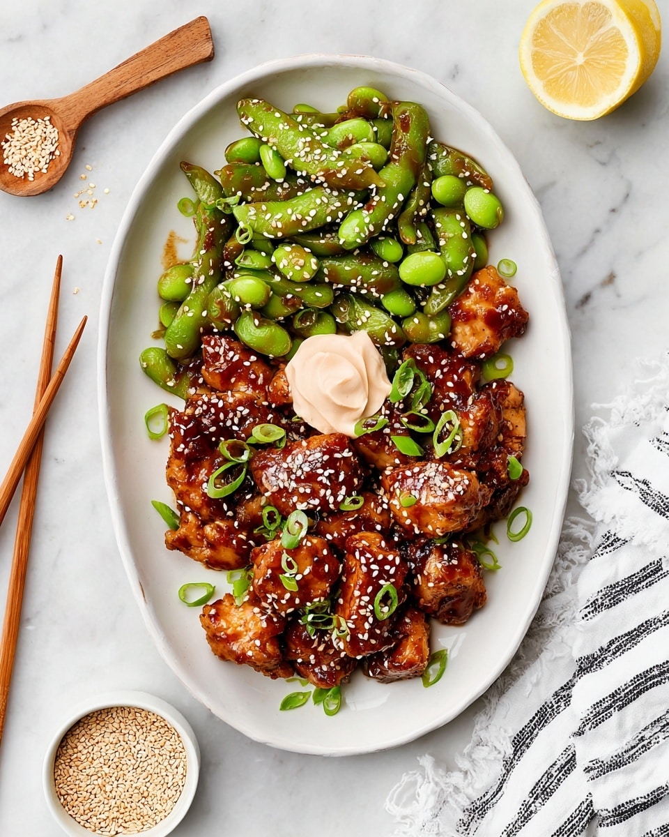 The dish is served on a white oval plate placed on a white marbled surface. It has two main parts: the bottom half is filled with pieces of cooked chicken, glazed with a dark brown sauce, sprinkled with white sesame seeds and chopped green onions, topped with a small dollop of light pink sauce in the center. The top half contains green edamame pods, also sprinkled with white sesame seeds and chopped green onions, with a glossy texture indicating a light sauce. Around the plate, there are wooden chopsticks on the left, a wooden spoon holding sesame seeds, a white bowl of sesame seeds, a lemon wedge on the upper right, and a white cloth with black stripes on the right side. Photo taken with an iphone --ar 4:5 --v 7
