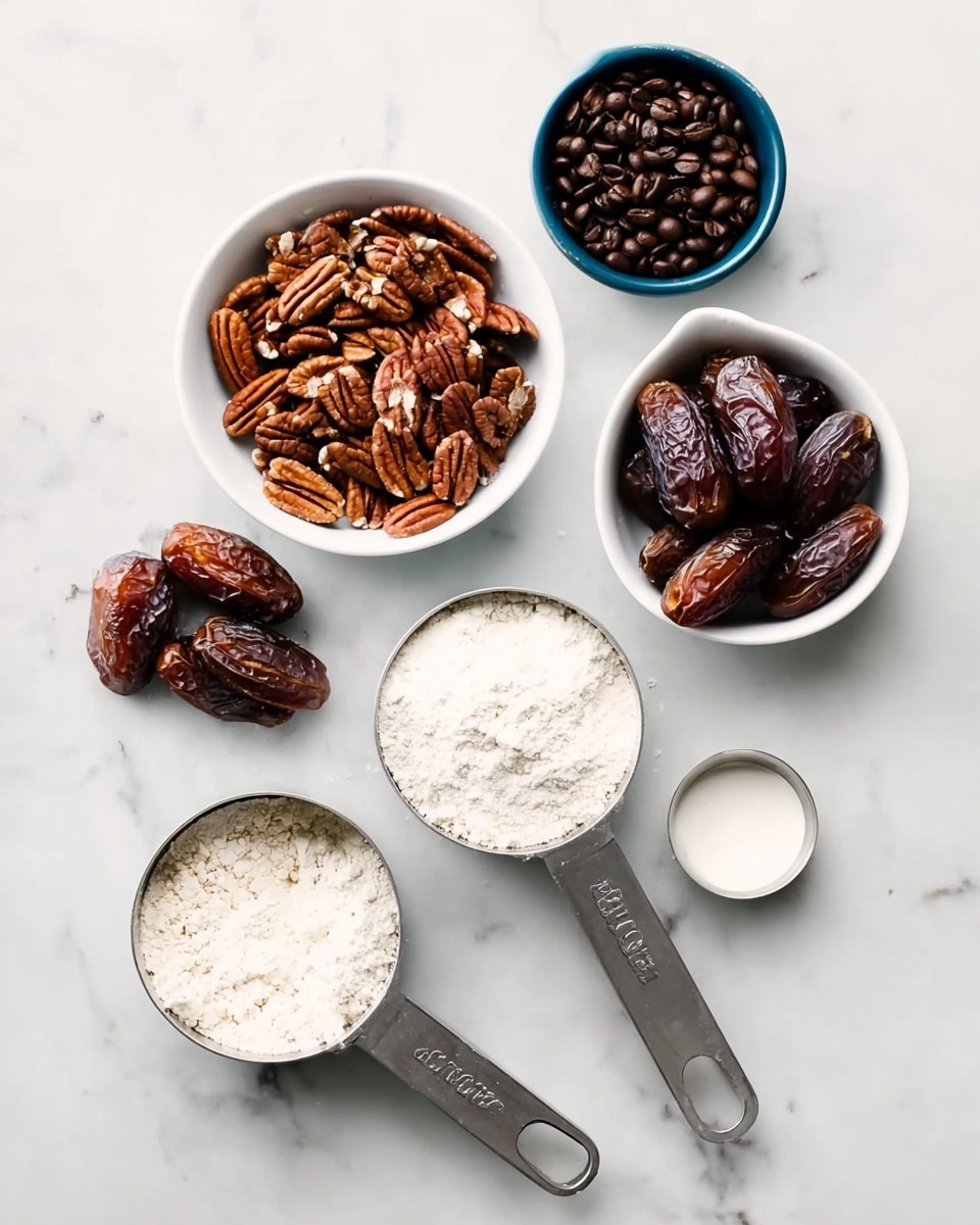 The image shows a flat lay of baking ingredients arranged on a white marbled surface. There are two white bowls, one filled with whole pecans that are dark brown with a slightly rough texture, and the other filled with shiny, brown dates that have a glossy, wrinkled look. A smaller white bowl contains dark brown whole coffee beans with a smooth texture. Next to it is a dark blue measuring cup holding a fine, light brown powder. Two metal measuring cups filled with white flour are placed below, showing a soft, powdery texture. A small metal cup holds a white, solid ingredient, possibly coconut oil, with a smooth surface. Photo taken with an iphone --ar 4:5 --v 7