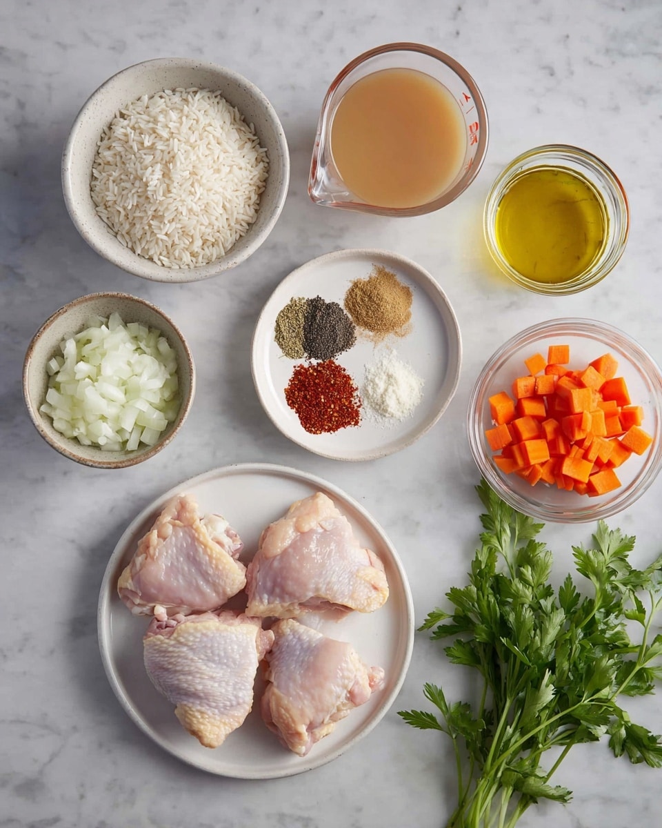 The image shows several ingredients for a meal arranged neatly on a white marbled surface. In the center, there is a white plate with five raw, pale pink pieces of chicken thighs. Above the chicken, a small white bowl holds different spices grouped in six sections with colors like red, black, white, and beige. To the left, there is a white bowl filled with uncooked white rice and above it, a glass bowl with chopped white onions. Next to the rice, a glass measuring cup contains light brown broth. On the right side of the chicken, a glass bowl holds small orange carrot cubes, and above it is a clear glass bowl with golden olive oil. A bunch of fresh green parsley with leafy texture lies on the top right. In the middle above the chicken, a tiny brown bowl contains minced garlic. Photo taken with an iphone --ar 4:5 --v 7