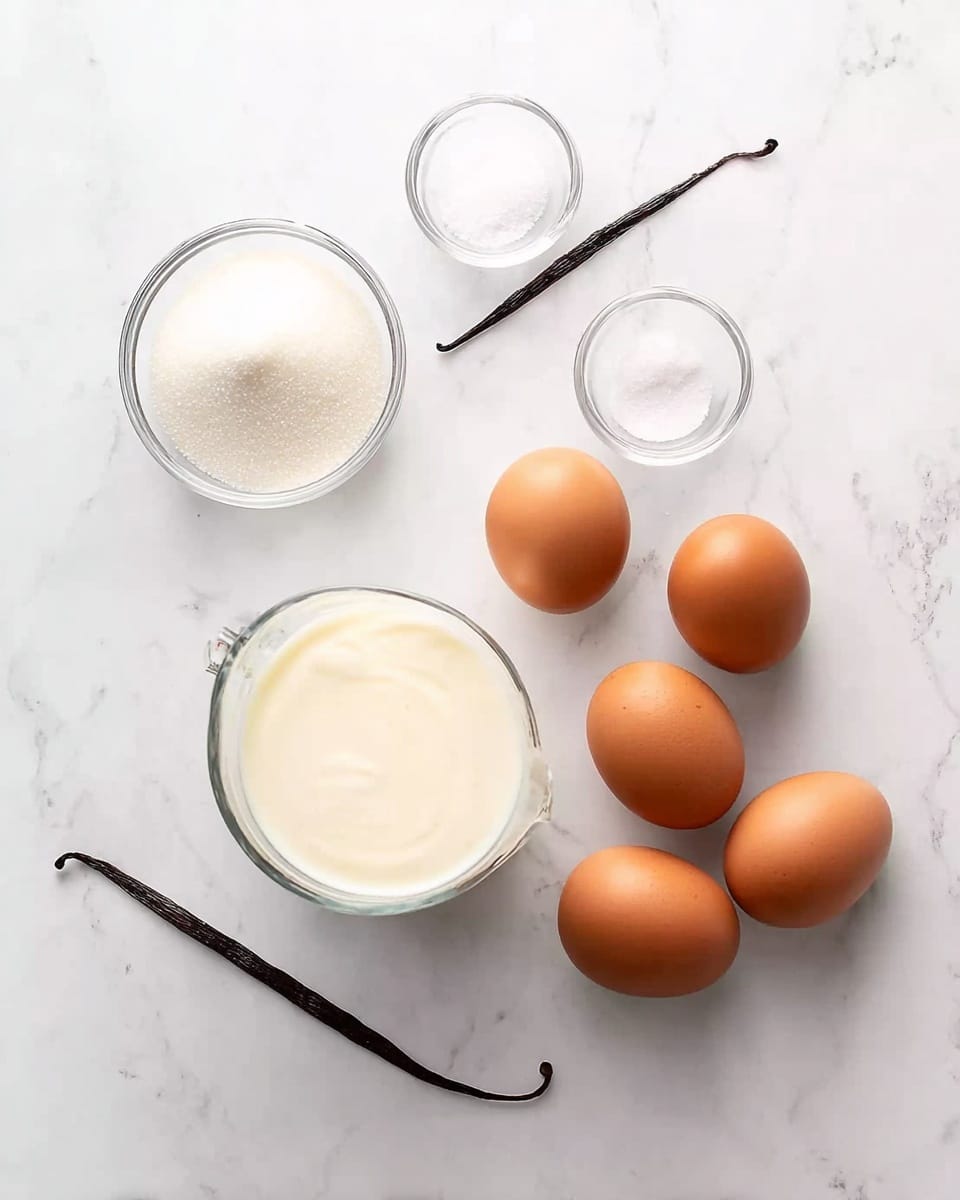 The image shows ingredients on a white marbled surface arranged neatly. There is a small glass bowl with white granulated sugar on the top left, a smaller glass bowl with salt below it, a vanilla bean pod lying horizontally above the center, a clear glass measuring cup filled with cream in the middle, and a cluster of five brown eggs grouped on the right side. The colors are soft and natural, with the clear glass containers showing the white ingredients inside, and the eggs having a smooth, shiny brown shell. photo taken with an iphone --ar 4:5 --v 7