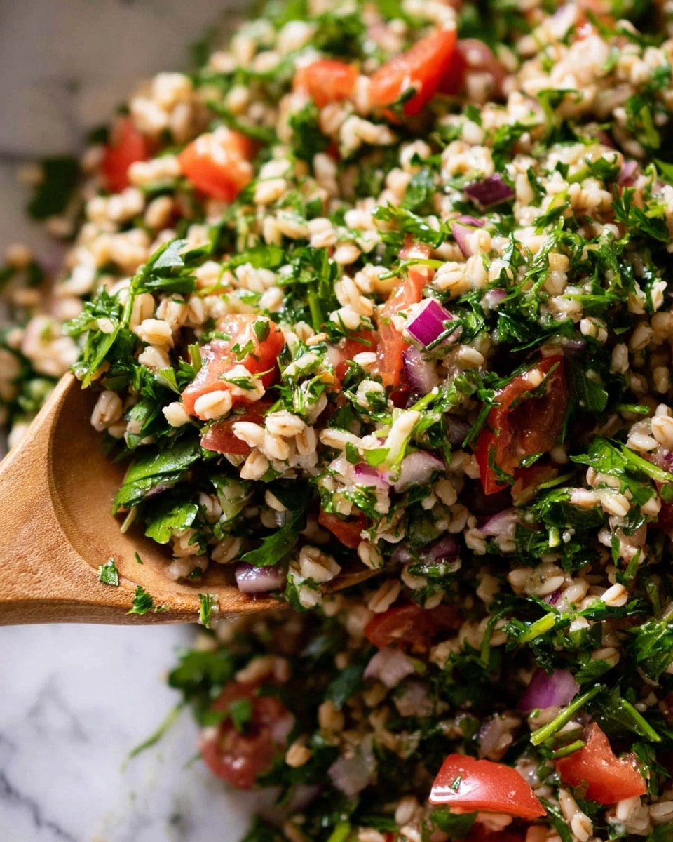 This image shows a close-up of a mixed salad with several visible layers. The base layer consists of cooked grains that are small and beige, mixed with finely chopped green leafy herbs and vegetables. There are bright red tomato pieces scattered evenly throughout the salad, adding a pop of color. Small bits of purple onion are mixed in, providing additional texture and color contrast. A wooden spoon is partially visible, scooping the mixture from the side. The background surface is a white marbled texture. Photo taken with an iphone --ar 4:5 --v 7