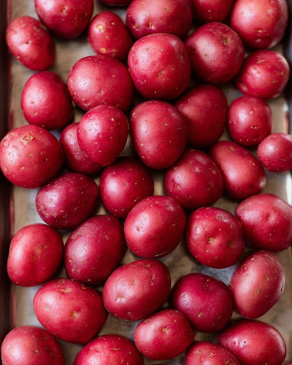 The image shows a close-up view of many small red potatoes with smooth shiny skin, piled closely together on a flat metal tray. Each potato varies slightly in size and shape, with a rich red color and some light natural marks and eyes visible on the surface. The tray fills the whole frame, making the red potatoes look abundant and fresh. The background is a white marbled texture. Photo taken with an iphone --ar 4:5 --v 7