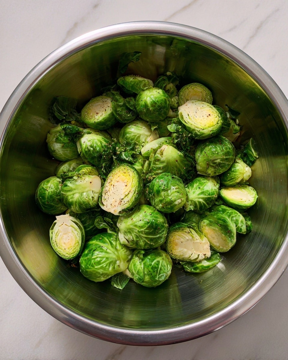 A large silver metal bowl filled with green halved Brussels sprouts that show a fresh and slightly textured inside with layers of leaves. The Brussels sprouts are evenly coated with a light seasoning that looks a bit oily with small dark pepper spots. The bowl sits on a white marbled surface, reflecting some light inside it, adding shine to the metal. photo taken with an iphone --ar 4:5 --v 7