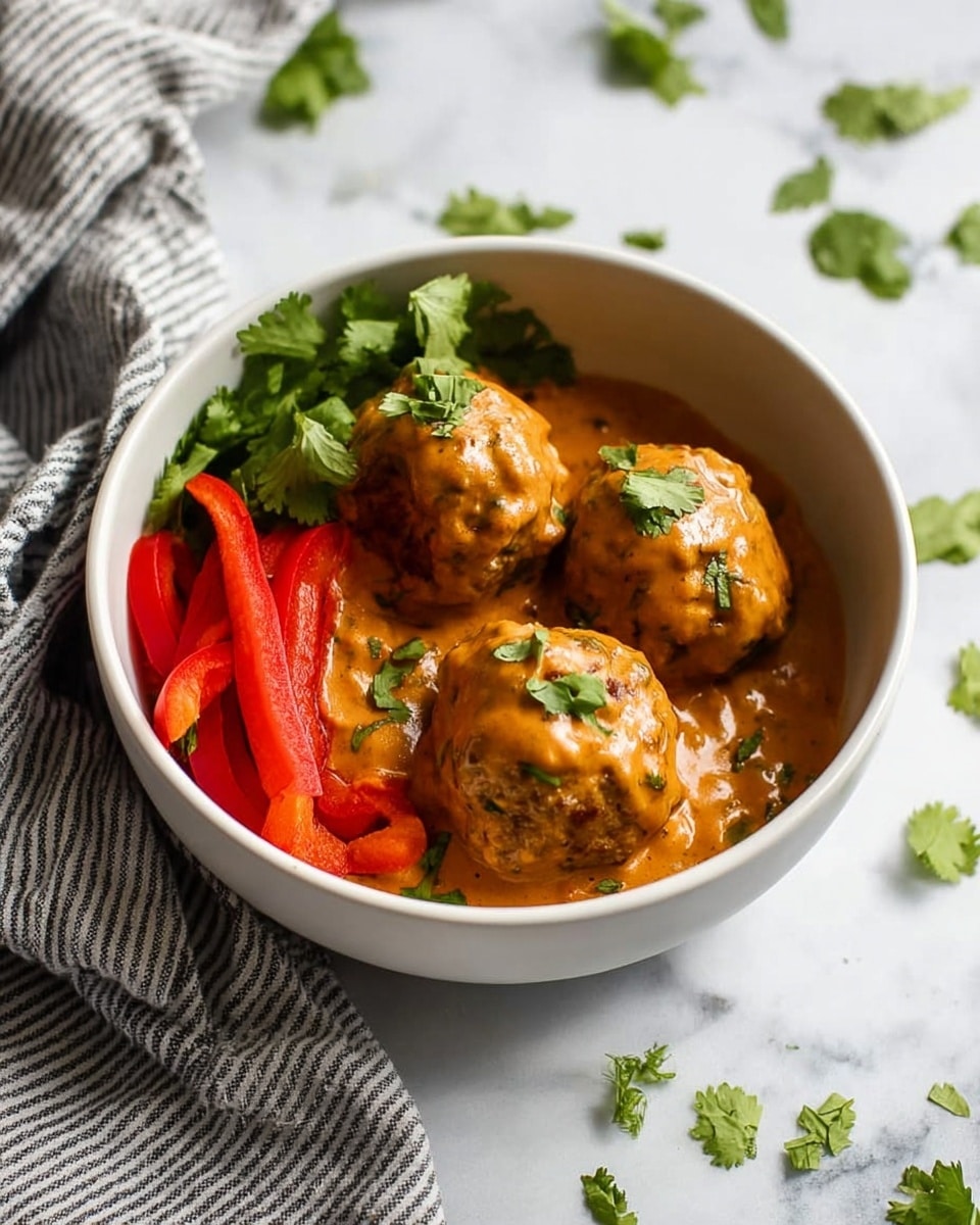 A white bowl filled with three round meatballs covered in a thick, creamy orange sauce, each topped with a small green cilantro leaf. To the left in the bowl are bright red thin slices of bell pepper and fresh green cilantro leaves, adding color contrast. The bowl sits on a white marbled surface with scattered green cilantro leaves around it. A striped cloth with black and white lines is softly blurred in the background. Photo taken with an iphone --ar 4:5 --v 7