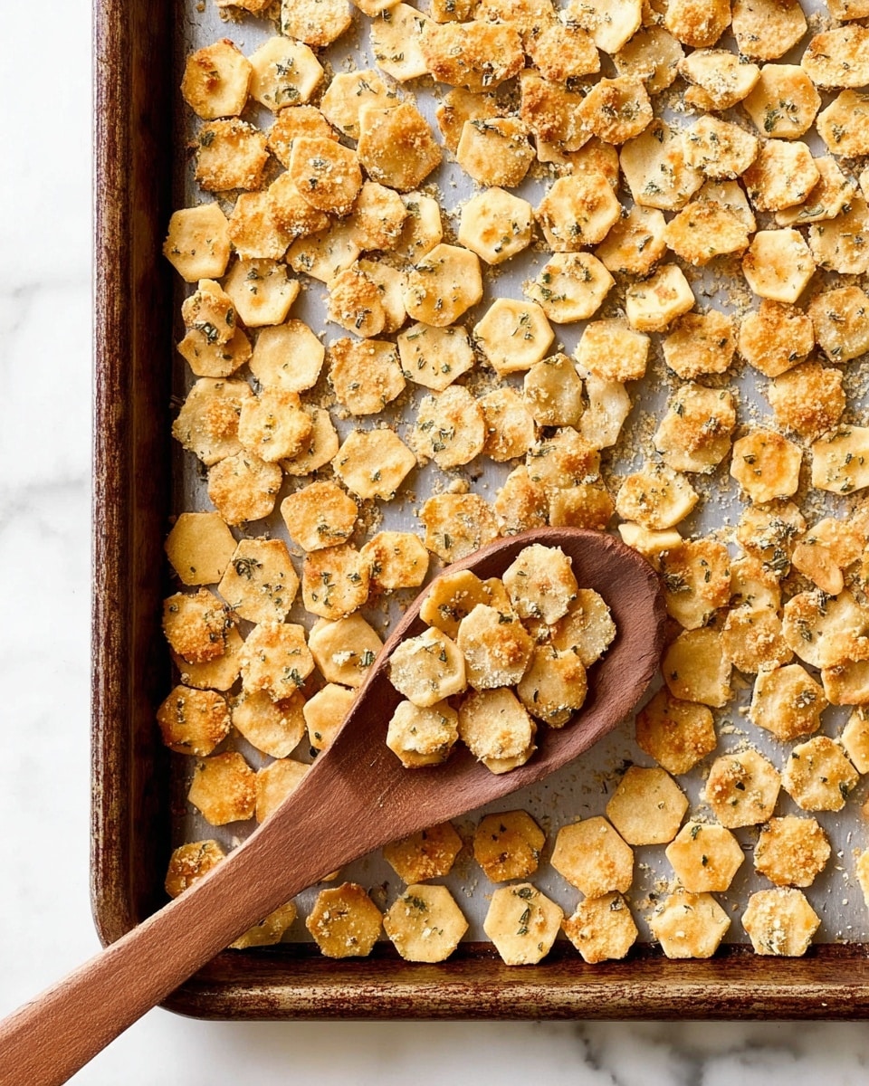 The image shows a baking tray filled with many small hexagon-shaped crackers that are light golden brown with some darker spots. The crackers have a rough texture with visible tiny green herb flakes sprinkled over them. On the right side of the tray, a brown wooden spoon holds a small pile of the same crackers. The tray lies on a white marbled surface. photo taken with an iphone --ar 4:5 --v 7