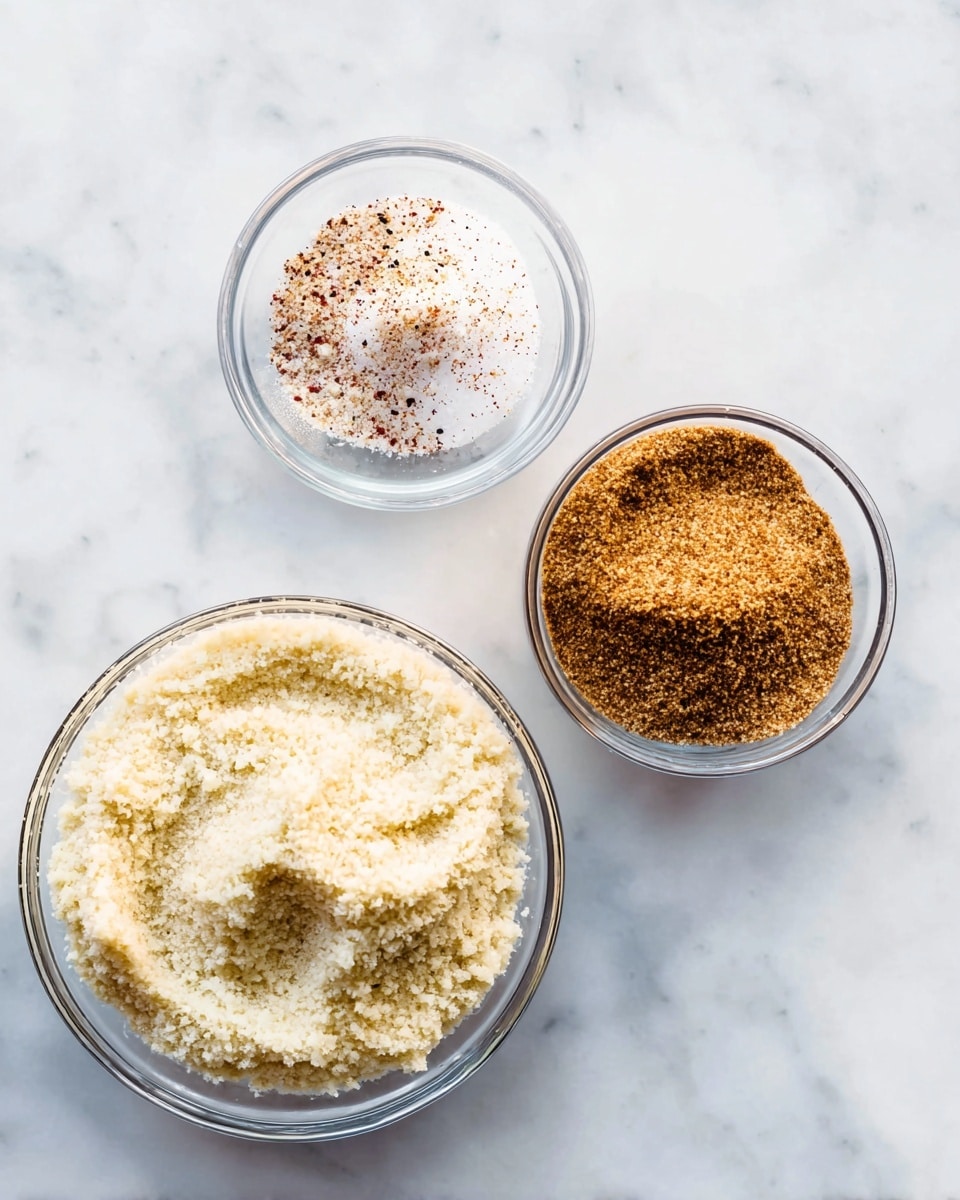 Three clear glass bowls sit on a white marbled surface, arranged in a loose triangular shape. The largest bowl at the bottom left holds a pale, grainy mixture with a soft texture, likely almond flour. To the right, a medium bowl is filled with a finely ground brown spice mix showing a uniform, powdery texture. Above these, a small bowl contains a mix of white powder and reddish-brown spices, creating a speckled appearance. The overall look is clean, simple, and focused on the textures and colors of the dry ingredients photo taken with an iphone --ar 4:5 --v 7