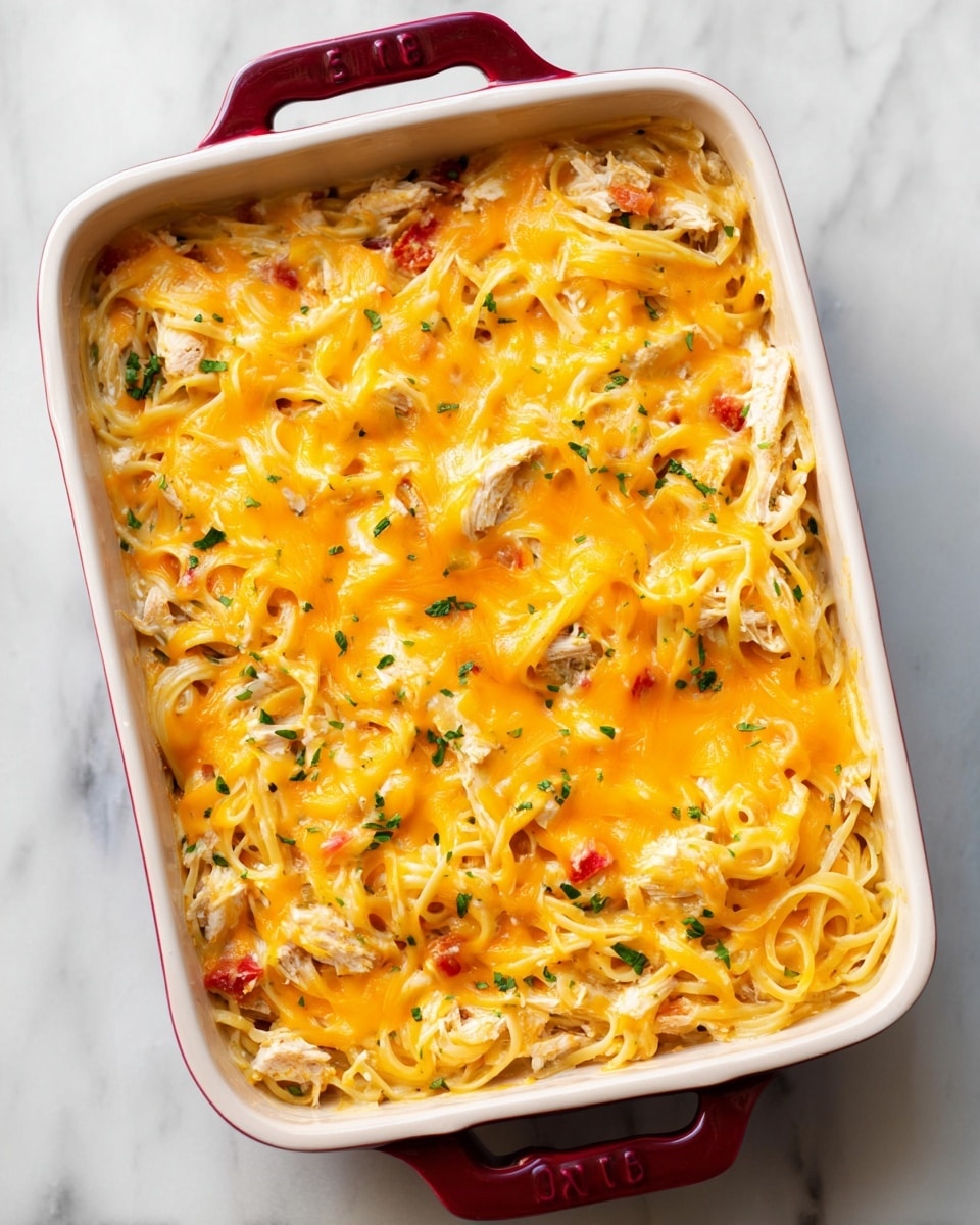 A white rectangular baking dish filled with a creamy pasta casserole layered in one visible part. The dish contains long pasta strands mixed with shredded light-colored chicken pieces and small diced red tomatoes. The entire casserole is covered with a thick layer of melted bright orange cheese with a smooth texture. Scattered green herb bits are sprinkled on top for color contrast. The dish is placed on a white marbled surface. photo taken with an iphone --ar 4:5 --v 7