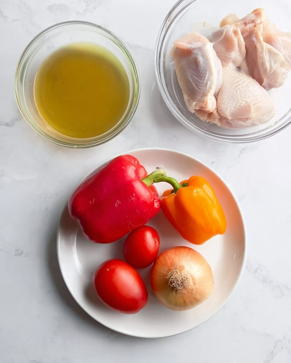 A white plate with one large red bell pepper, three red tomatoes, one small orange pepper, and one golden brown onion with part peeled skin is placed on a white marbled surface. Above the plate, there is a clear glass bowl with a light brown liquid inside. To the left of the plate, a small bright green measuring cup filled with a yellowish liquid sits near a clear glass bowl containing two pieces of pale raw chicken with white skin. The background is a clean white marbled texture. The photo taken with an iphone --ar 4:5 --v 7