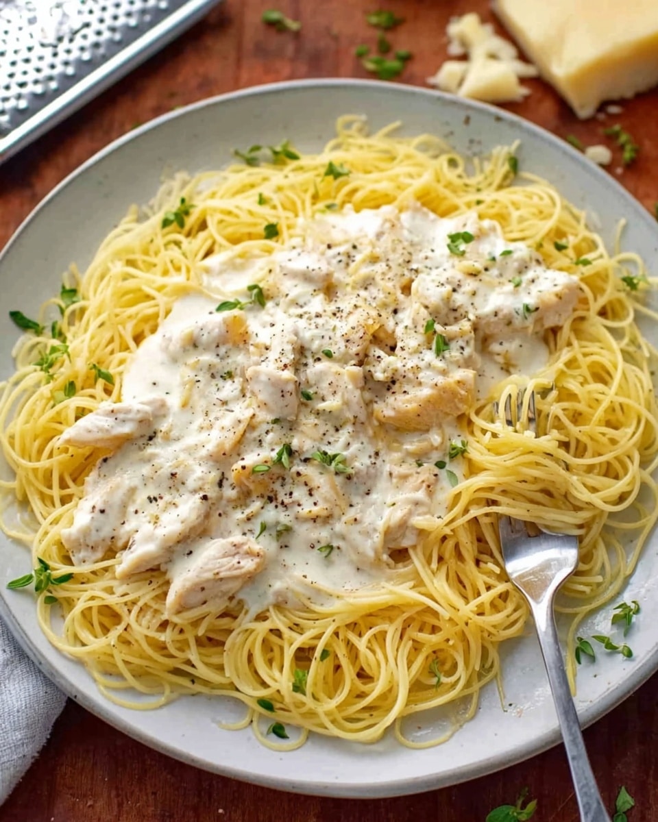 The image shows a round white plate filled with thin yellow spaghetti noodles that form the base layer, loosely piled and spread across the plate. On top, there is a creamy white sauce generously spread over the middle area of the noodles, with some pieces of light beige chicken mixed in. The sauce looks smooth and thick, with a few black pepper specks sprinkled on top. Small green herb leaves are scattered lightly across the dish as a garnish. A silver fork rests on the right side, partly twirling the spaghetti. The plate sits on a wooden surface, with a white grater and chunks of light yellow cheese nearby. Photo taken with an iphone --ar 4:5 --v 7