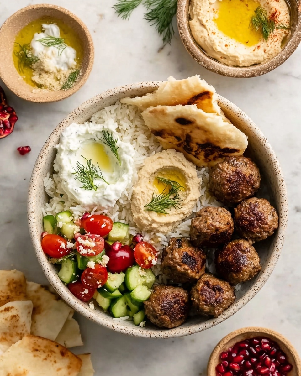 The image shows a bowl filled with several layers of food on a white marbled surface. Starting from the bottom, there is a layer of white rice covering about half the bowl. On top of that, there are eight browned meatballs arranged in a line along the edge, next to a folded piece of pita bread tucked into the bowl. To one side of the rice and meatballs, there are two dollops: one of creamy white tzatziki sauce with dill sprigs, and one of light brown hummus with a small drizzle of olive oil in the center. The last section contains a fresh cucumber and cherry tomato salad sprinkled with white feta cheese crumbs. Around the bowl are small dishes of extra meatballs, hummus, pita bread, and pomegranate seeds. The photo taken with an iphone --ar 4:5 --v 7