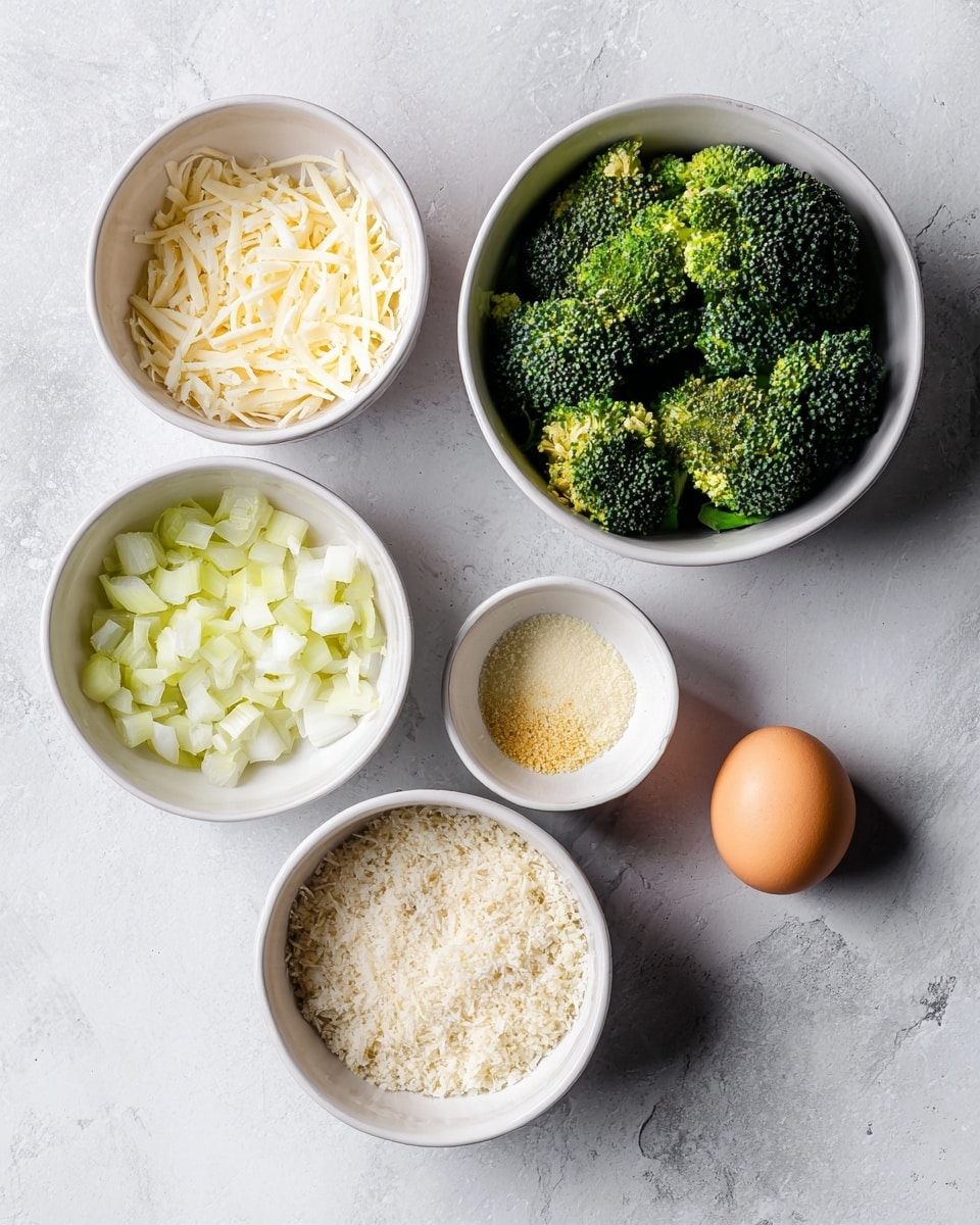 Five white bowls and one brown egg are shown on a white marbled surface. The top right bowl holds dark green and light green broccoli florets with a textured, leafy appearance. The top left bowl contains shredded white cheese with a soft, stringy texture. Below that, another bowl is filled with chopped white onions, showing small cubes with a slight gloss. In the center, a bowl is fully packed with white breadcrumbs, crumbly and fine in texture. The smallest bowl, placed near the bottom center, has a small amount of light yellow seasoning or powder. The brown egg is whole and smooth, positioned to the right of the smallest bowl. photo taken with an iphone --ar 4:5 --v 7