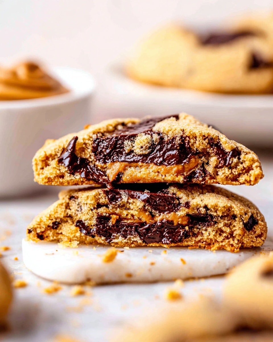 A close-up view of two stacked chocolate chip cookies with a golden brown crumb texture and large, melted dark chocolate chunks layered inside and on top. The cookies rest on a white marbled surface with some cookie crumbs scattered around. In the blurred background, there is a white bowl filled with peanut butter and a white plate holding another cookie. The lighting is bright, highlighting the softness and rich chocolate in the cookies. Photo taken with an iphone --ar 4:5 --v 7