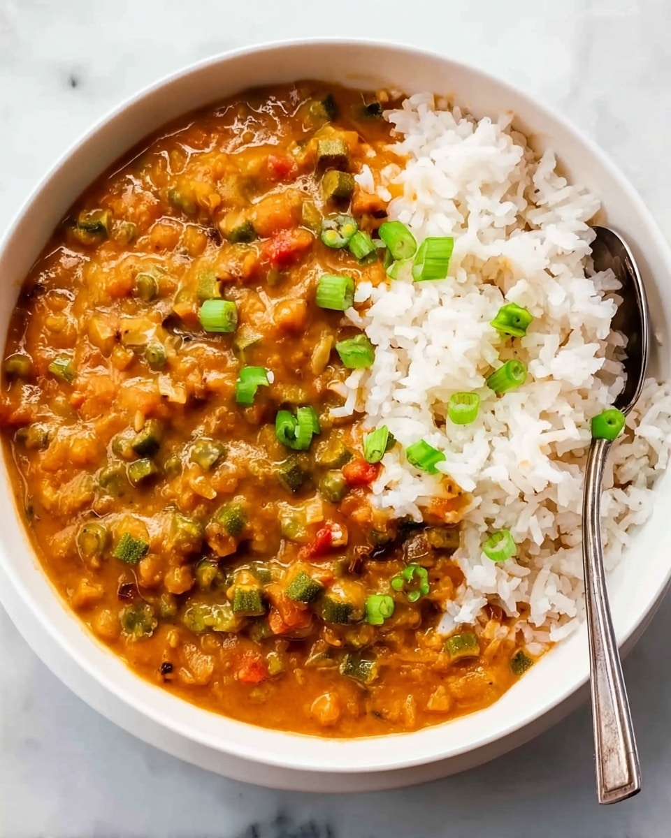 A white bowl filled with two main layers: on the left side, a thick, orange-brown stew with visible chunks of vegetables like green okra and small red pieces, topped with small green onion slices; on the right side, a layer of fluffy white rice with separate grains, partially mixed with the stew at the boundary; a silver spoon rests on the rice near the bottom right of the bowl, all placed on a white marbled surface. photo taken with an iphone --ar 4:5 --v 7