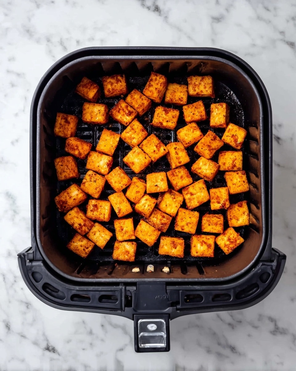 The image shows a square black air fryer basket filled with small, evenly sized orange cubes of tofu, each with a slightly crispy texture and browned edges. The cubes are spread in a single layer on the black gridded surface inside the basket. The background is a white marbled texture. photo taken with an iphone --ar 4:5 --v 7