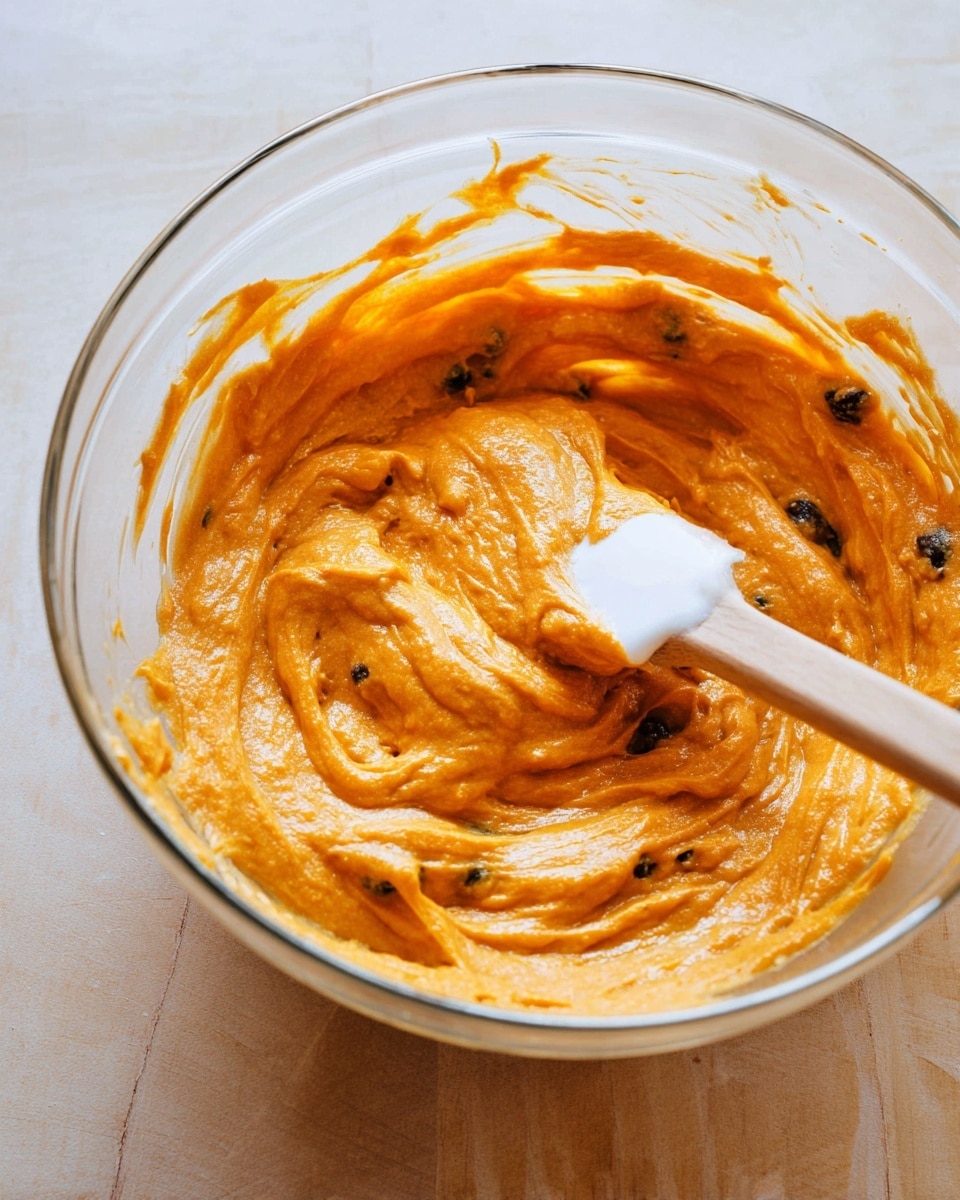 A clear glass bowl holds an orange thick batter mixed with dark small chunks, creating a swirled texture inside. A white spatula with a light wooden handle is partially submerged, spreading the batter smoothly. The setting shows a white marbled surface beneath the bowl. photo taken with an iphone --ar 4:5 --v 7