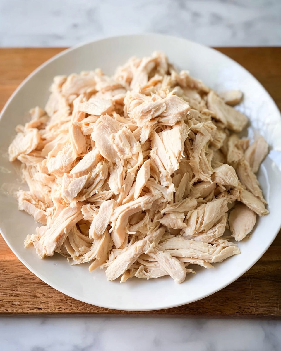A white plate full of shredded cooked chicken is placed on a wooden board over a white marbled surface. The chicken pieces are light beige and soft, with uneven thin strips and small chunks piled high in the center of the plate, showing a fibrous texture. photo taken with an iphone --ar 4:5 --v 7