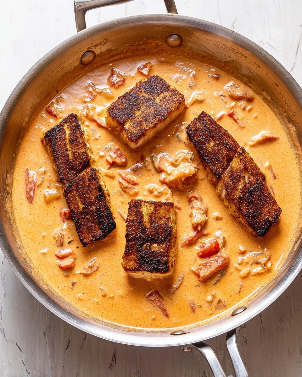 A shiny silver pan filled with a creamy, light orange sauce that has visible chunks of soft red tomatoes mixed in, creating a textured base. Four pieces of golden-brown cooked fish with a dark, crispy crust sit on top of the sauce, each piece slightly different in size and arranged in a loose circle. The fish’s surface shows clear grill marks and seasoning, adding a rich dark contrast to the creamy sauce. The pan is placed on a white marbled surface with soft natural light highlighting the glossy, smooth texture of the sauce and the rough texture of the fish’s crust. Photo taken with an iphone --ar 4:5 --v 7