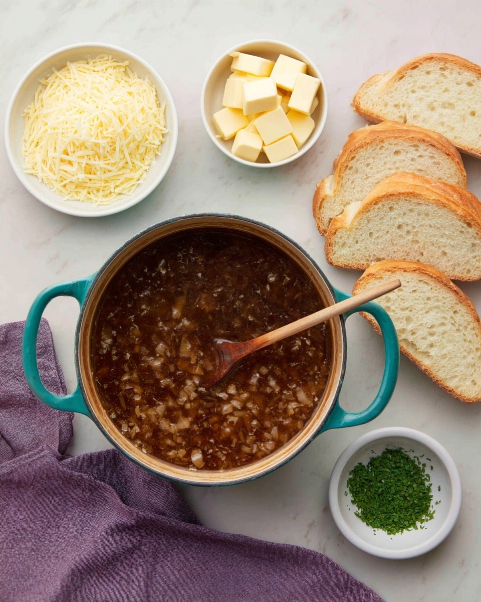A round teal pot with two handles holds a dark brown onion soup with visible small onion pieces, and a wooden spoon rests inside it. Above the pot, there is a white bowl filled with shredded pale yellow cheese on the left, next to a white bowl with several small light yellow butter cubes, and to the right a small white dish with finely chopped green herbs. On the right side, there are four slices of light golden-brown crusty bread stacked and slightly overlapping. All items are placed on a white marbled surface with a folded purple cloth in the bottom left corner. Photo taken with an iphone --ar 4:5 --v 7