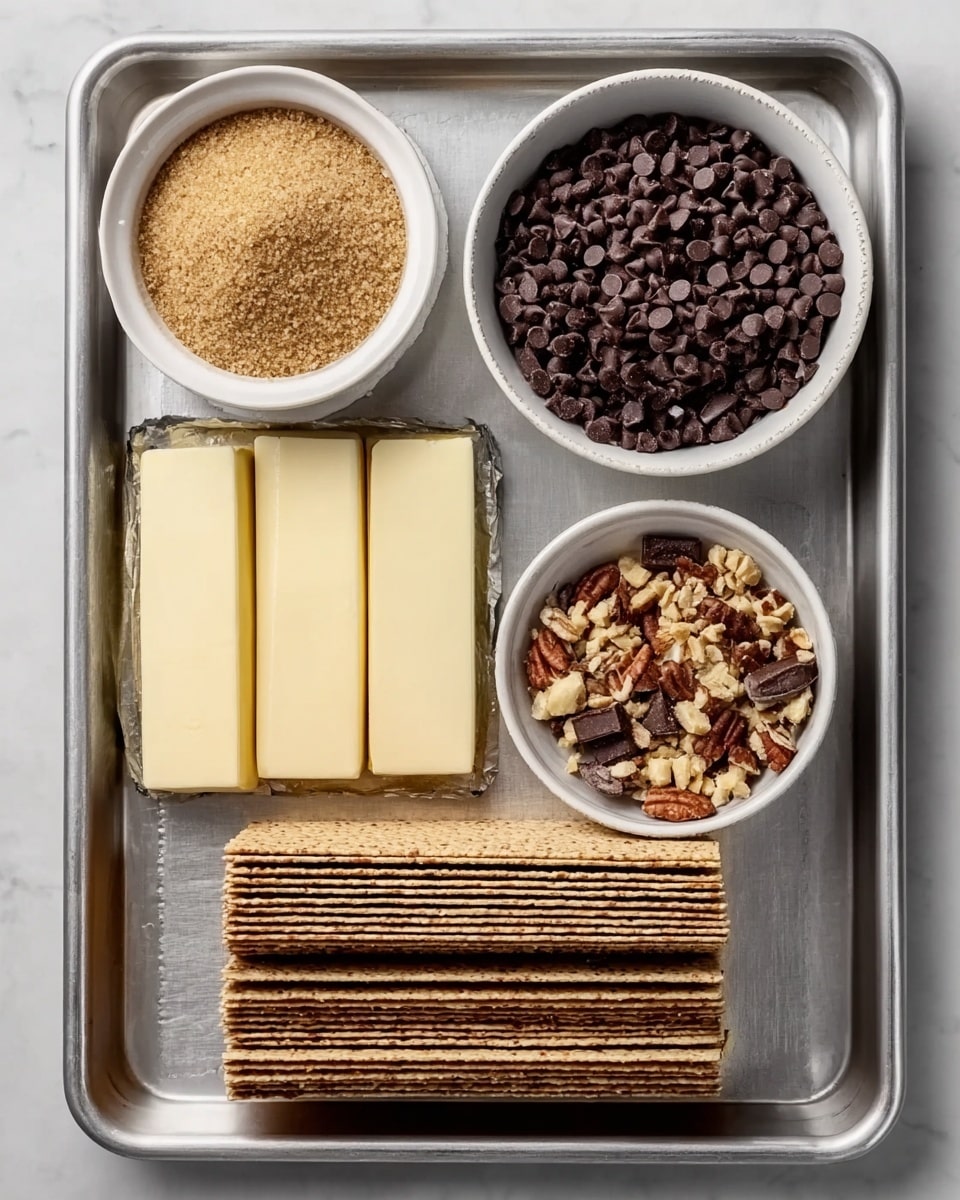 This image shows a silver baking tray on a white marbled surface. On the tray, from top left to top right, there is a medium white bowl filled with light brown sugar and a small white bowl with a mix of chopped nuts and small chocolate pieces. Below these, there are three rectangular sticks of pale yellow butter placed vertically. Next to the butter, there is a large white bowl filled with many small, round dark chocolate chips. At the bottom of the tray, there are two stacks of light brown rectangular crackers, one stack is thinner and placed to the left, while the thicker stack is on the right side. The arrangement is neat and all items are placed flat on the tray photo taken with an iphone --ar 4:5 --v 7