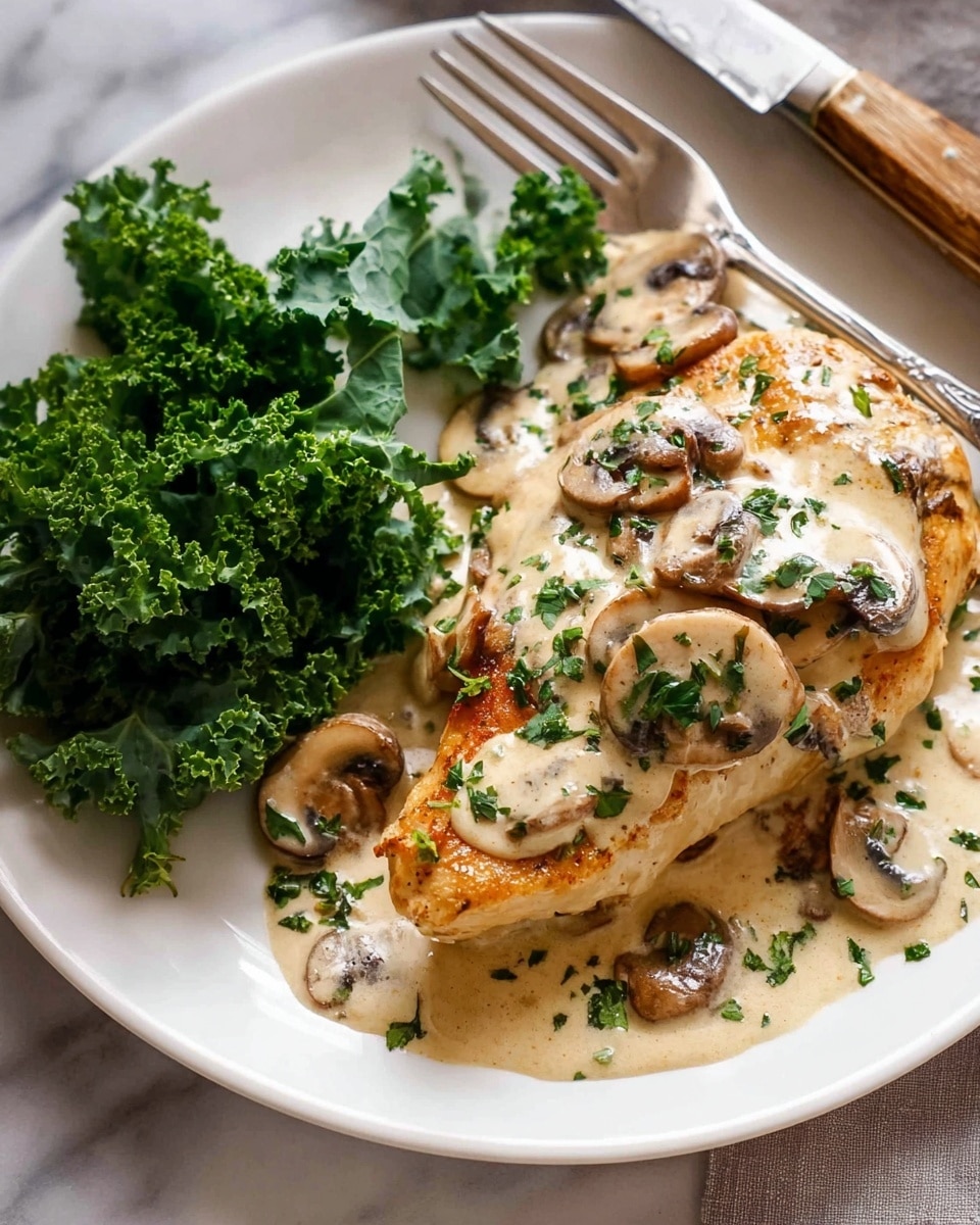 A white plate with a cooked chicken piece on the right side covered with creamy white mushroom sauce that includes sliced brown mushrooms and is sprinkled with chopped green herbs, the chicken has a light golden brown sear visible beneath the sauce; on the left side of the plate is a small pile of fresh dark green kale leaves; the plate sits on a white marbled surface with a silver fork and a wooden knife handle partly visible at the top right corner; photo taken with an iphone --ar 4:5 --v 7