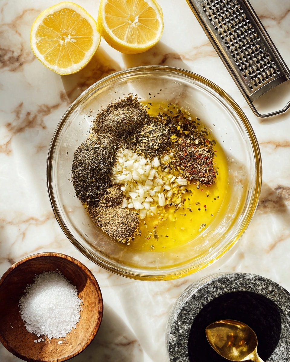 A glass bowl sits on a white marbled surface, filled with several layers of ingredients that include a large golden-yellow pool of oil taking up half of the bowl on the right side, finely chopped white garlic near the top center, and multiple piles of dried herbs and spices arranged in semi-circle patterns around the left and bottom edges; among these seasonings are dark green oregano, coarse black pepper, brownish thyme, and a small pile of white salt near the middle. Above the bowl, two lemon halves with bright yellow skins and pale interiors rest on the marbled surface next to a metal grater. Below the bowl, there is a small wooden bowl filled with coarse white salt and a gold spoon placed inside it, and next to that is a dark stone mortar filled with cracked black pepper. The scene is lit warmly, highlighting the texture of each ingredient, photo taken with an iphone --ar 4:5 --v 7