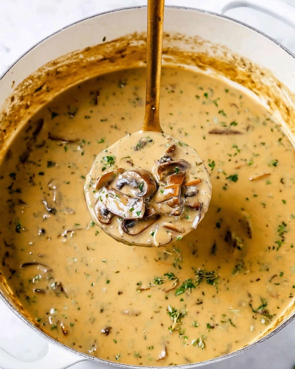 The image shows a white pot filled with thick, creamy mushroom sauce that is light brown with specks of green herbs throughout. A golden ladle lifts some sauce above the pot, showing visible sliced brown mushrooms mixed in the smooth sauce. The inside edge of the pot has a bit of sauce residue. The background surface is white with a marbled texture. photo taken with an iphone --ar 4:5 --v 7