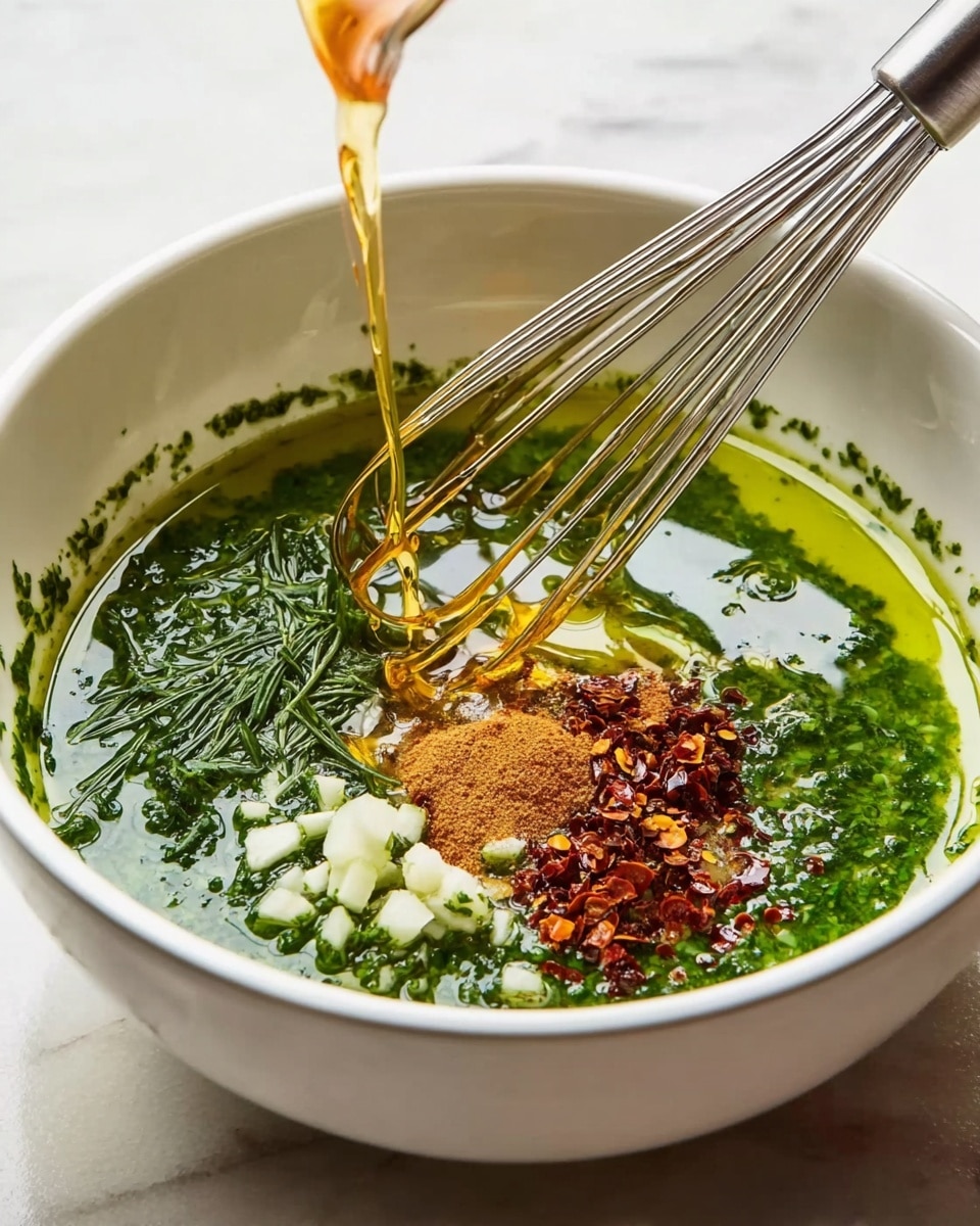 A white bowl contains a bright green liquid base made of chopped herbs, with small white chopped pieces near the bottom and two small piles of reddish chili flakes and brown powder spices sitting on top. A thin stream of golden honey is pouring into the bowl, twisting over the spices and green liquid. A silver whisk is resting inside the bowl, touching the ingredients. The bowl is placed on a white marbled surface. Photo taken with an iphone --ar 4:5 --v 7