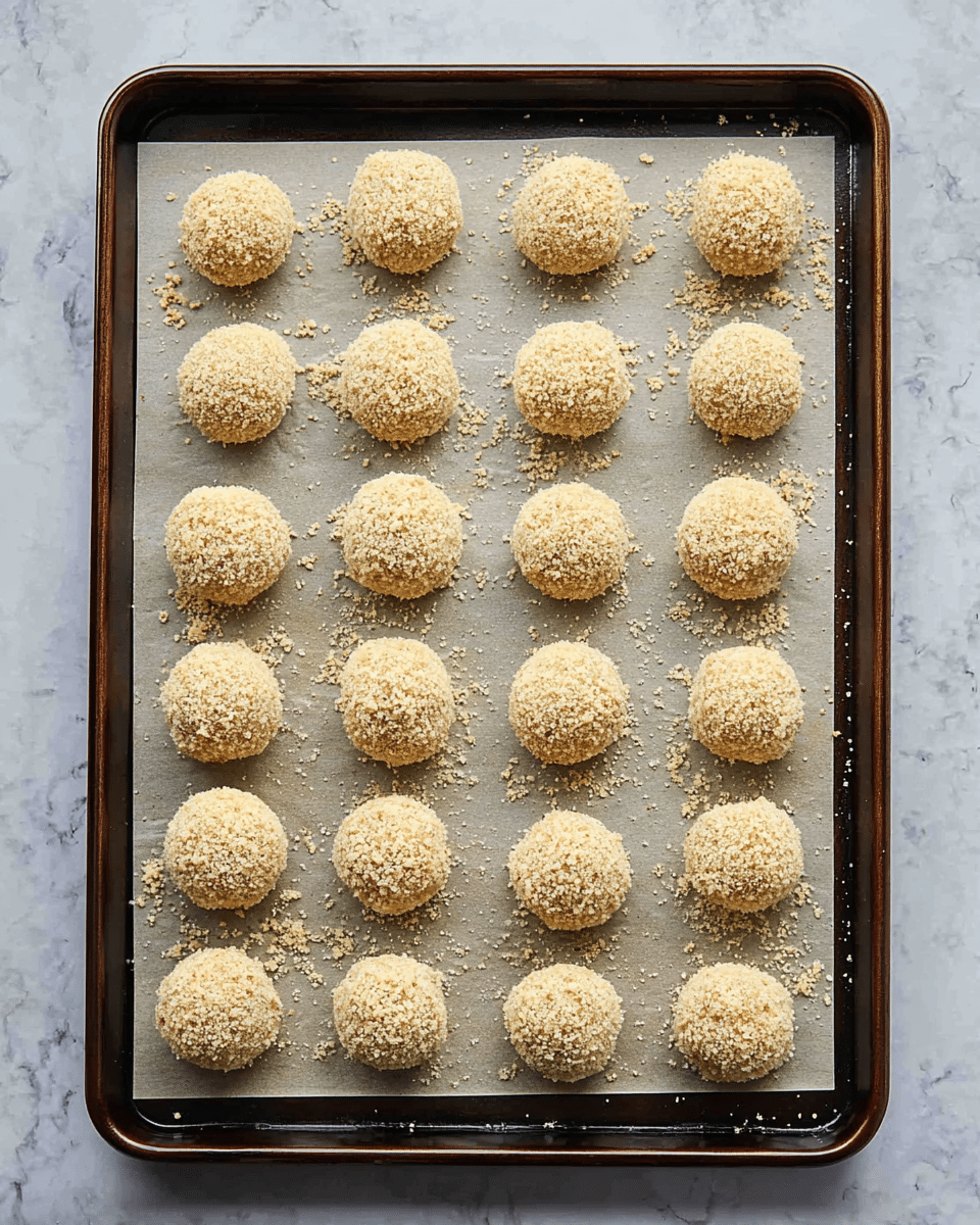 A baking tray lined with a sheet of parchment paper holds 25 round, breaded balls arranged in five rows of five. Each ball is coated in a light tan crumb layer that gives a rough texture. The tray is dark-colored with a slight shine, contrasting with the smooth, white marbled surface underneath. Small crumbs are scattered around the balls, adding detail to the scene. Photo taken with an iphone --ar 4:5 --v 7