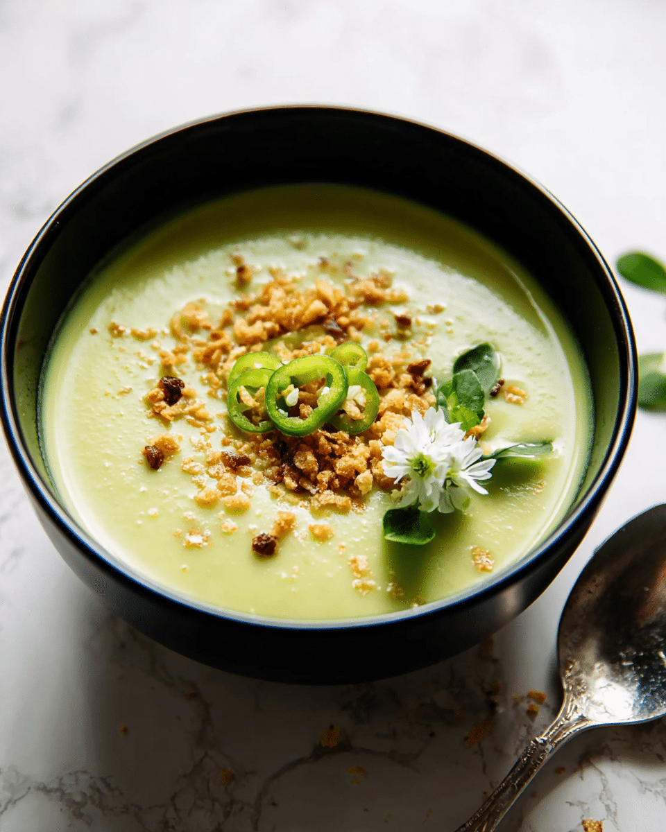 A black bowl holds a smooth, light green creamy soup as the base layer. On top, there are small golden brown crispy bits scattered mostly in the center, adding texture. Bright green sliced chili pieces sit in the middle, layered over the crispy bits. A small white flower and a few green leaves are placed on the right side of the soup's surface as a delicate garnish. The bowl is set on a white marbled surface with a silver spoon resting nearby, also decorated with a small white flower. photo taken with an iphone --ar 4:5 --v 7