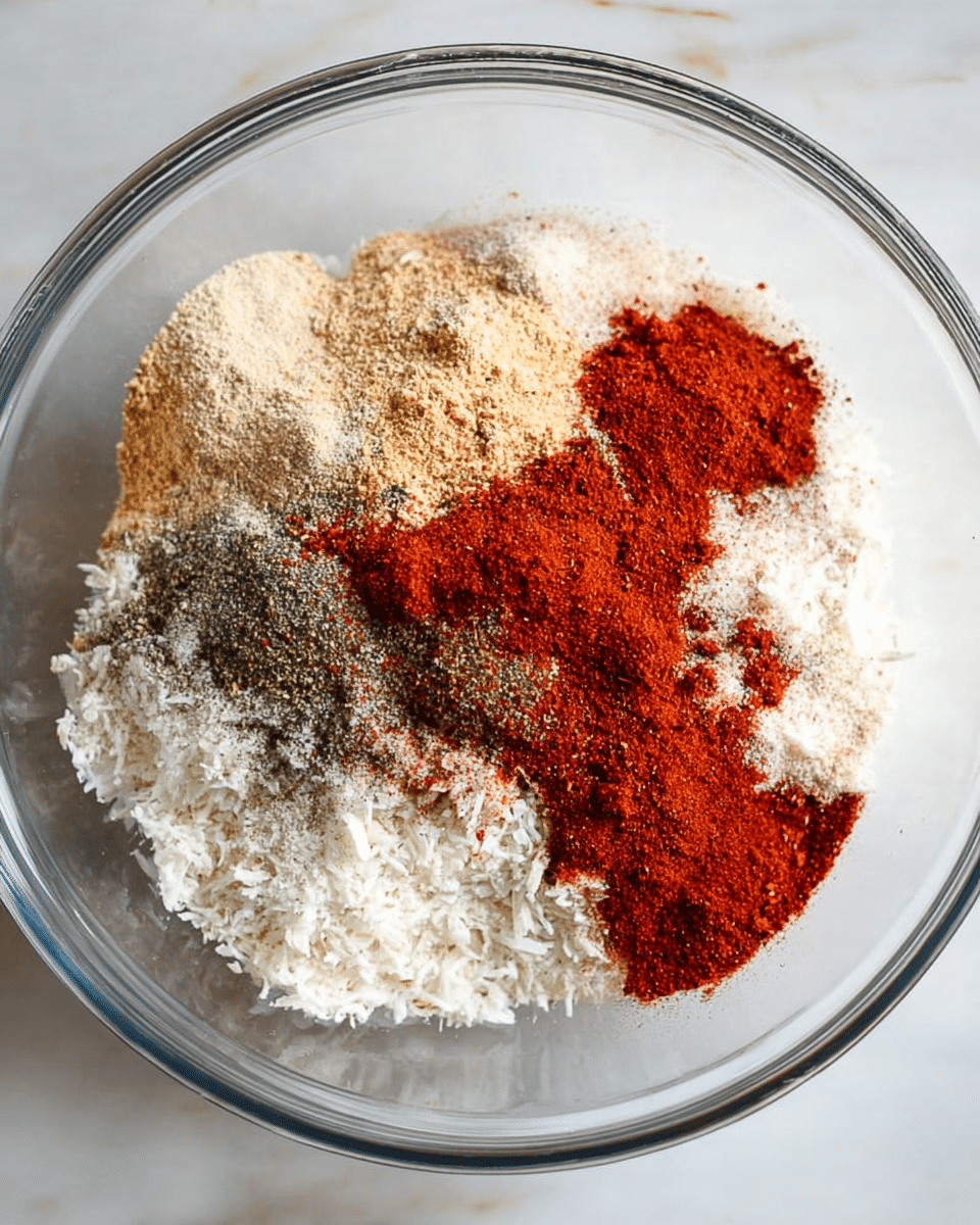 A clear glass bowl contains several layers of spices and a white shredded ingredient, arranged in small piles that cover the bottom evenly without mixing. The bottom layer appears to be mostly white shredded material, spread across the entire base of the bowl. On top of that, there are different spices in clusters; a light beige powder near the left, a dark peppery mix above it, and multiple shades of red powders grouped on the right side, with some overlapping edges. The bowl sits on a white marbled surface. photo taken with an iphone --ar 4:5 --v 7