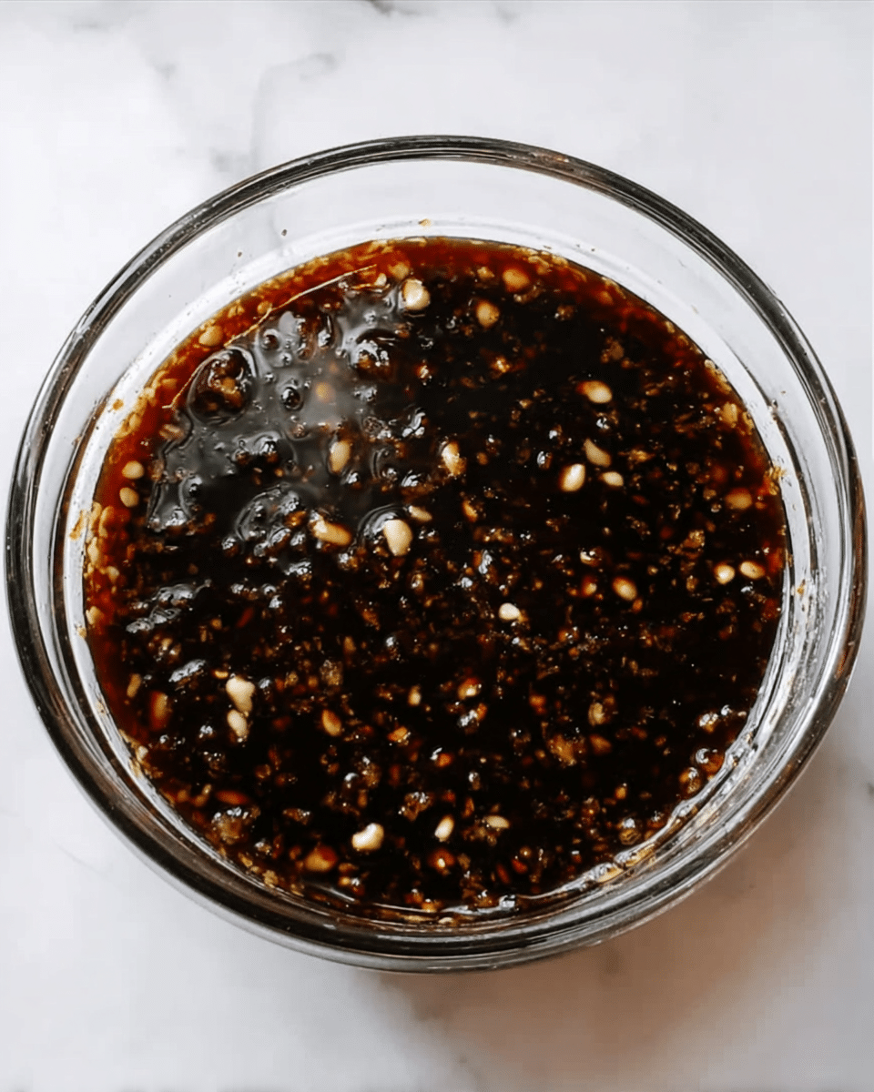 A clear glass bowl filled with a dark brown sauce that has small white and light brown pieces mixed throughout, giving a textured look. The sauce layer is smooth but dotted with tiny, uneven bits spread across the surface. The bowl is placed on a white marbled surface, showing slight reflections on the sauce’s shiny top. photo taken with an iphone --ar 4:5 --v 7