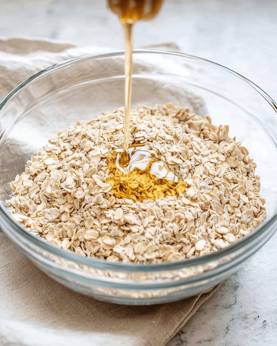 A clear glass bowl filled with a layer of dry oats that have a rough and flaky texture, light beige in color, sits on a white marbled surface with a white cloth nearby. A thin stream of golden honey is being poured into the center of the oats, creating a shiny, smooth pool that contrasts with the dry oats. The edges of the bowl are rounded and transparent, showing the contents clearly. The photo is bright and taken close up, focusing on the honey flow and the oat texture inside the bowl, photo taken with an iphone --ar 4:5 --v 7