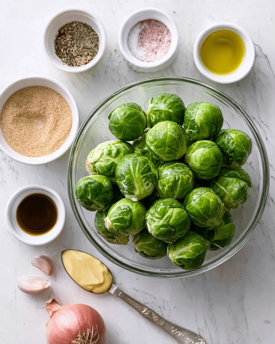 A clear glass bowl filled with many bright green Brussels sprouts sits on a white marbled surface. Around the bowl, there are five small white bowls: one with light brown sugar, another with a mix of black pepper, salt, and a pinkish seasoning, a third with a small amount of olive oil, a fourth with a dark liquid sauce, and a fifth holding a spoonful of light yellow mustard. There is also a small shallot and two cloves of garlic lying directly on the white marbled surface near the bowls. The scene is bright and clear, showing the fresh and simple ingredients all arranged neatly. Photo taken with an iphone --ar 4:5 --v 7