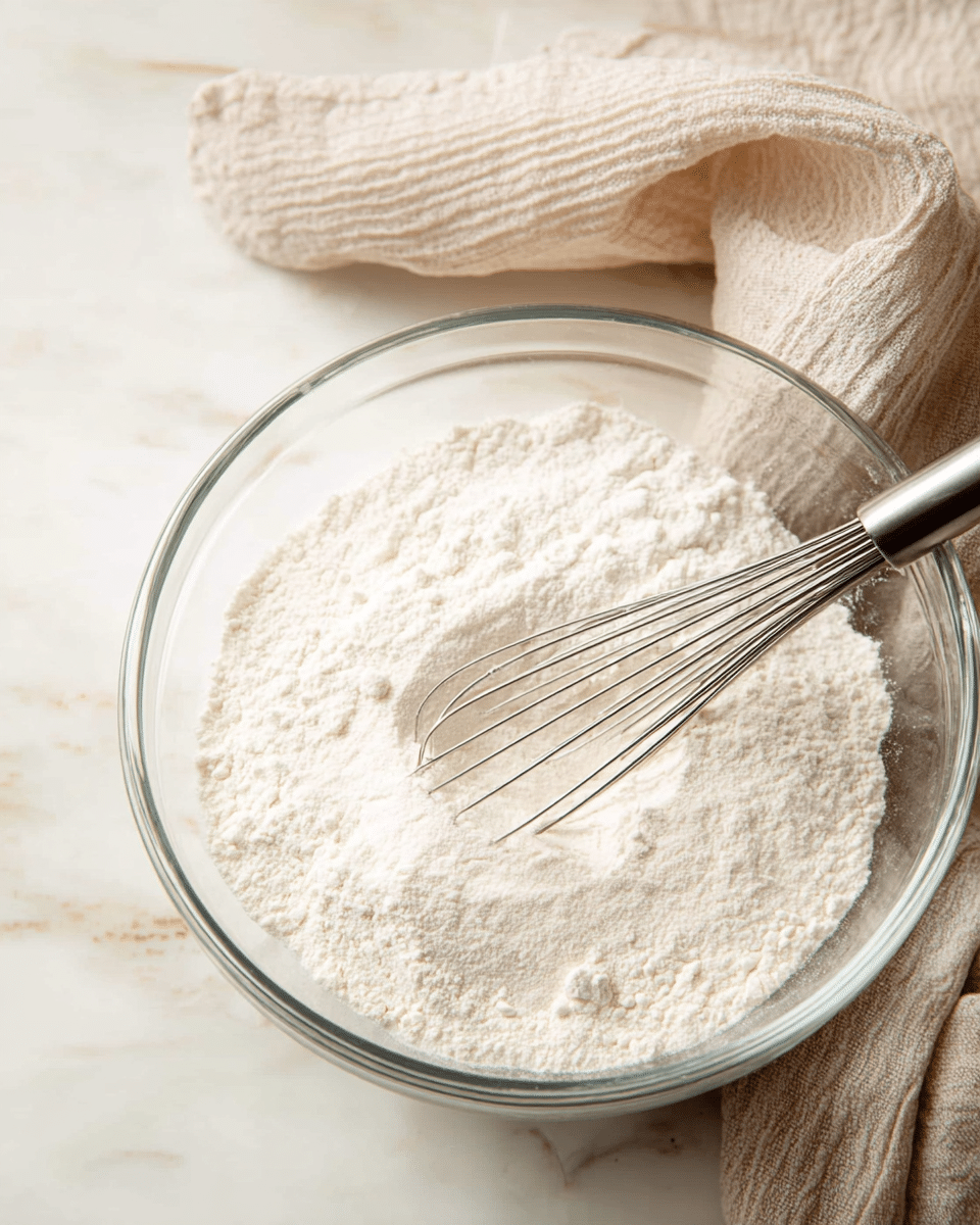 A clear glass bowl filled with one layer of fine white flour powder, slightly textured on the surface, with a silver metal whisk resting inside, positioned diagonally from the right. Behind the bowl, a soft beige cloth is casually folded, all placed on a white marbled surface. photo taken with an iphone --ar 4:5 --v 7