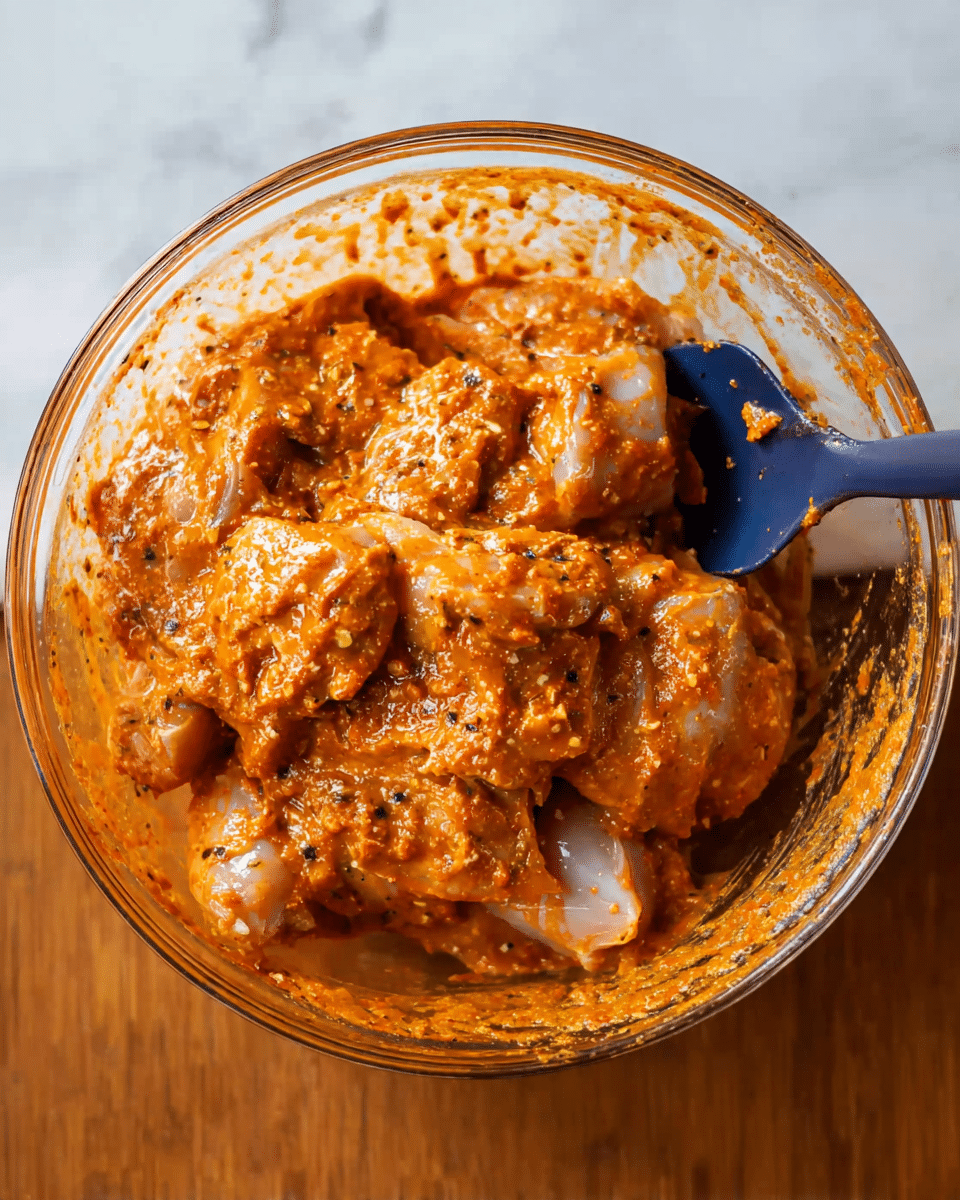 A clear glass bowl filled with raw chicken pieces covered in a thick, chunky orange marinade with visible bits of spices and seasoning. The chicken pieces are layered under the marinade, showing a pale pink color beneath the thick mix. A dark blue spatula rests inside the bowl, partially submerged in the marinade. The bowl sits on a white marbled surface. photo taken with an iphone --ar 4:5 --v 7