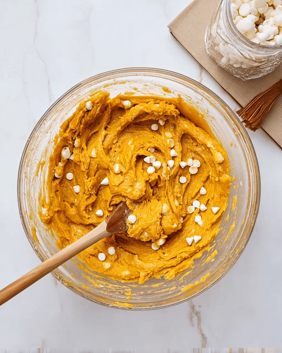 A clear glass bowl filled with thick, bright orange dough with small white chips scattered evenly inside. A wooden spoon with a smooth texture rests in the dough, its handle leaning on the bowl’s edge. The bowl sits on a white marbled surface, next to a jar with white objects inside and a closed beige notebook with a brown cloth strap. photo taken with an iphone --ar 4:5 --v 7