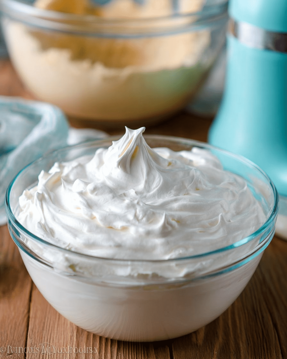 A clear glass bowl filled with thick, fluffy white whipped cream with soft peaks standing up in the middle. The bowl is placed on a wooden surface, surrounded by a glass mixing bowl with beige dough in the blurred background and a light blue electric mixer partially shown on the right side. The whipped cream looks smooth and light with a shiny texture. photo taken with an iphone --ar 4:5 --v 7