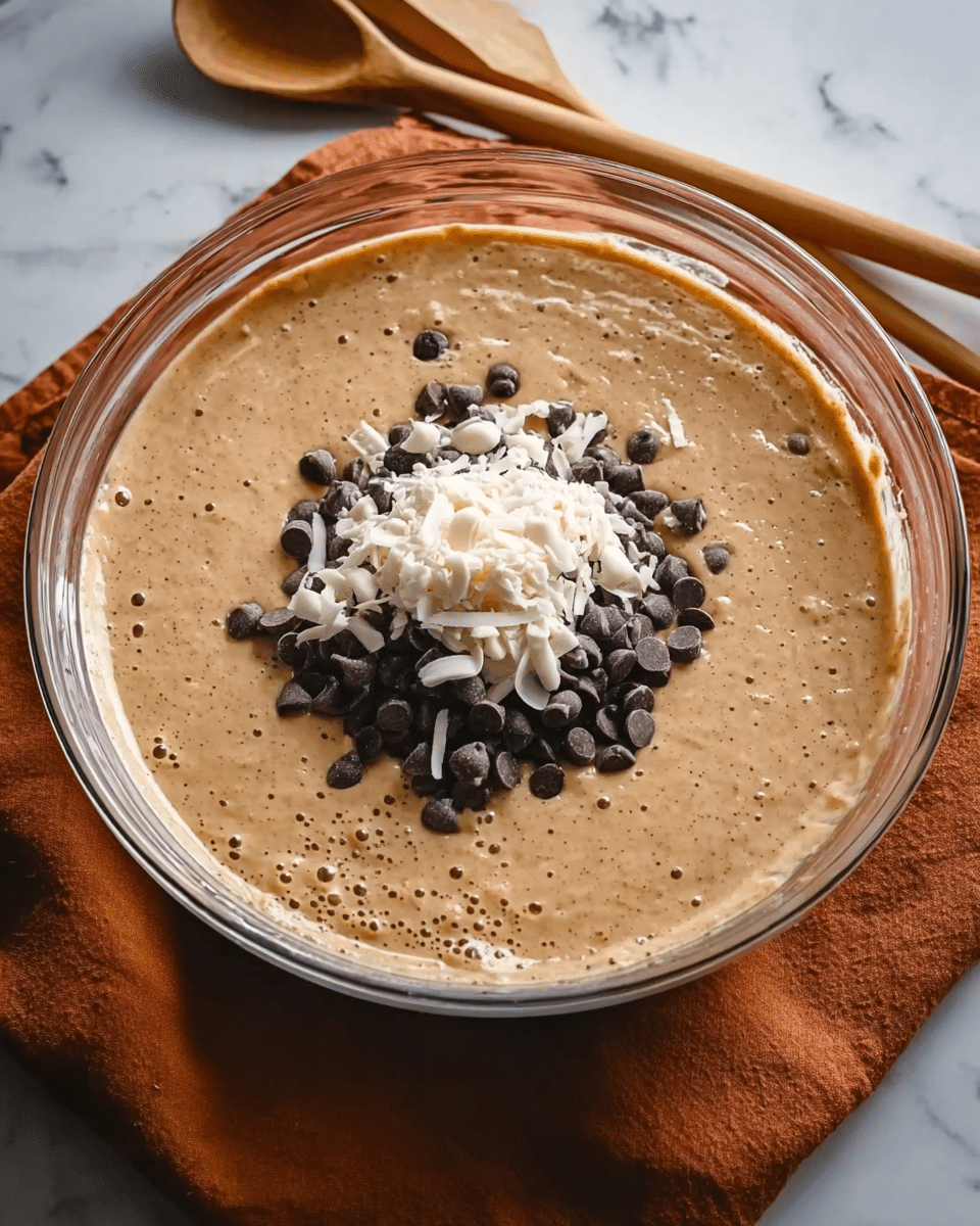 A clear glass bowl holds a thick light brown batter filled with tiny darker specks, mostly smooth with some bubbles, sitting on a white marbled surface. On top of this batter is a small mound of dark brown chocolate chips and white shaved chocolate, sprinkled at the center. A set of wooden spoons lies next to the bowl on a warm brown cloth. The scene is lit softly, showing the textures clearly. Photo taken with an iphone --ar 4:5 --v 7