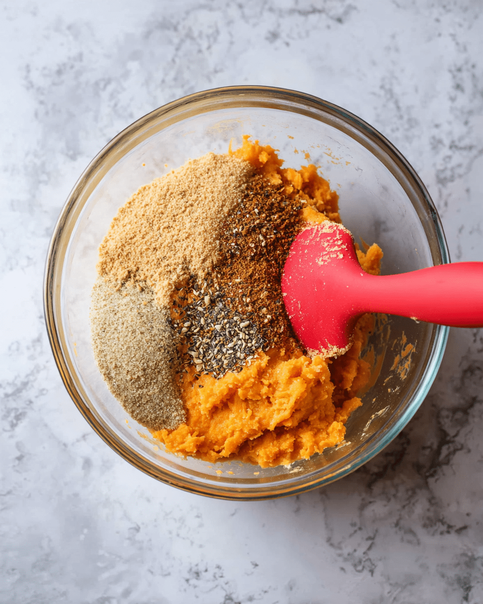 A clear glass measuring bowl is placed on a white marbled surface, containing several layers of ingredients. The bottom layer is a coarse, light brown crumbly texture, taking up about half of the bowl's space. On top of this is a bright orange mashed mixture with a smooth, slightly chunky texture. Scattered over the orange layer are several small piles of fine, light brown and gray spices in uneven shapes. A red silicone spatula with a smooth handle rests inside the bowl, angled slightly to the right. Photo taken with an iphone --ar 4:5 --v 7